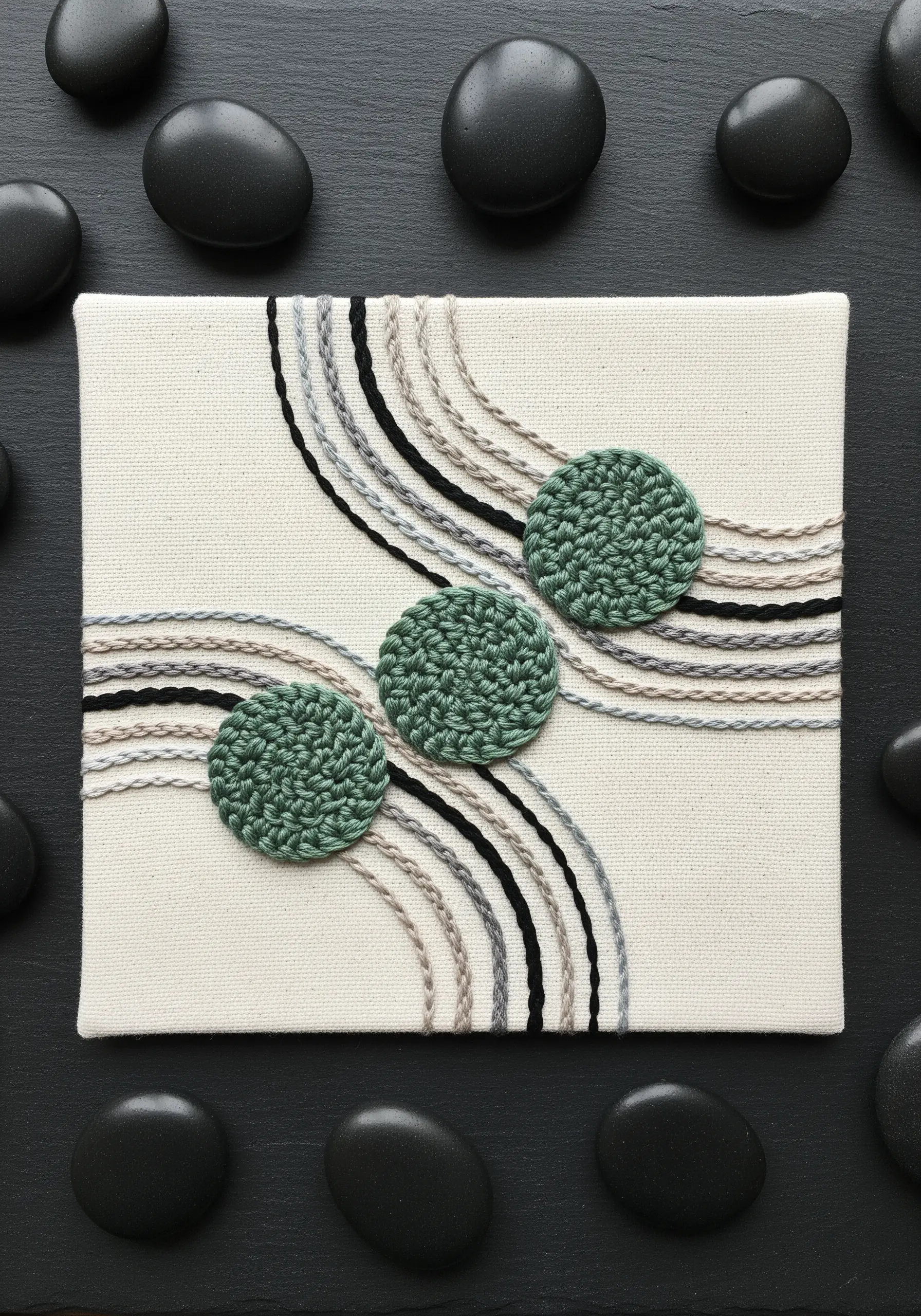 Mixed-media art with crocheted green circles and couched grey yarn on a neutral canvas.