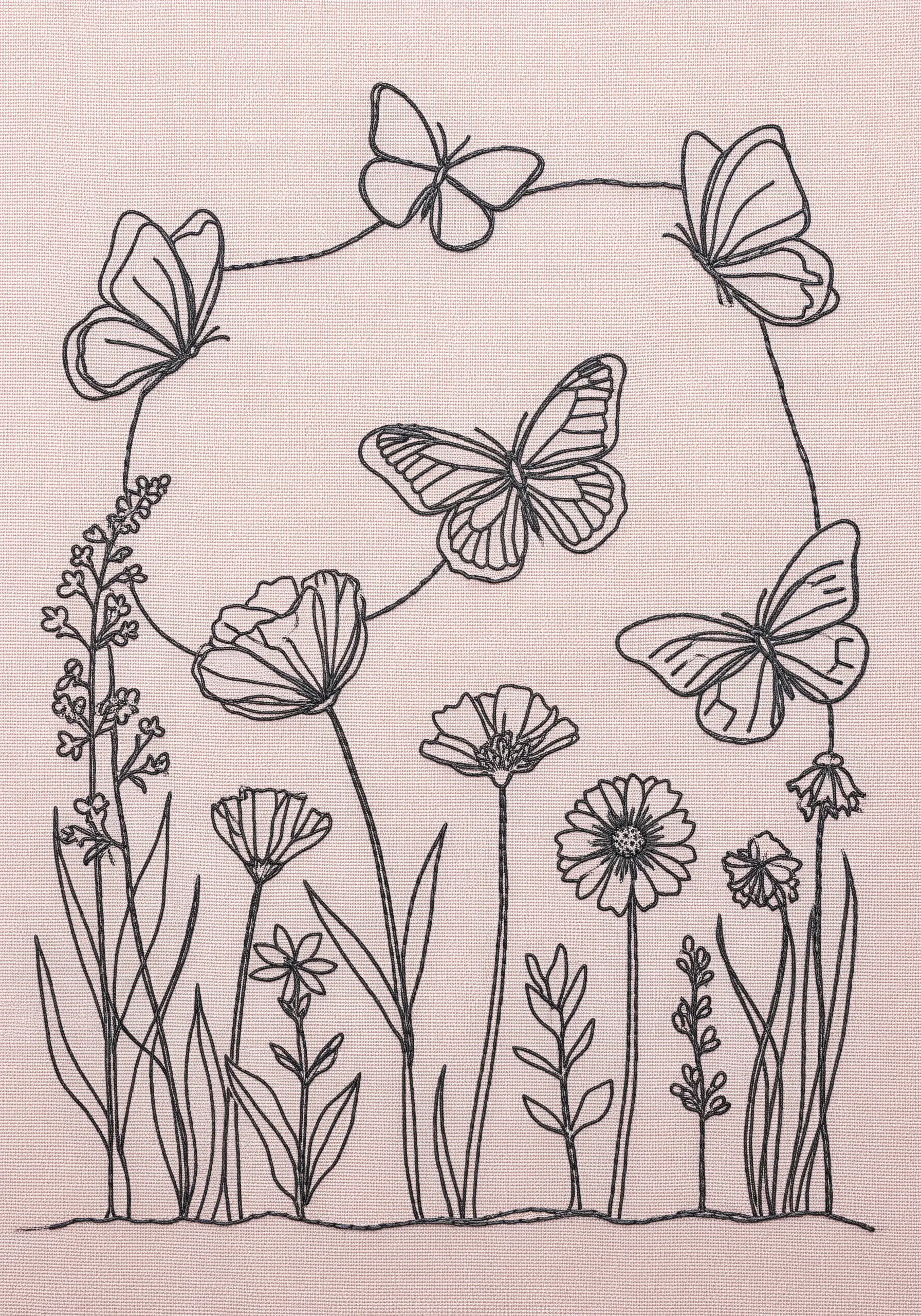 Minimalist blackwork line art of butterflies and wildflowers on pink linen fabric.