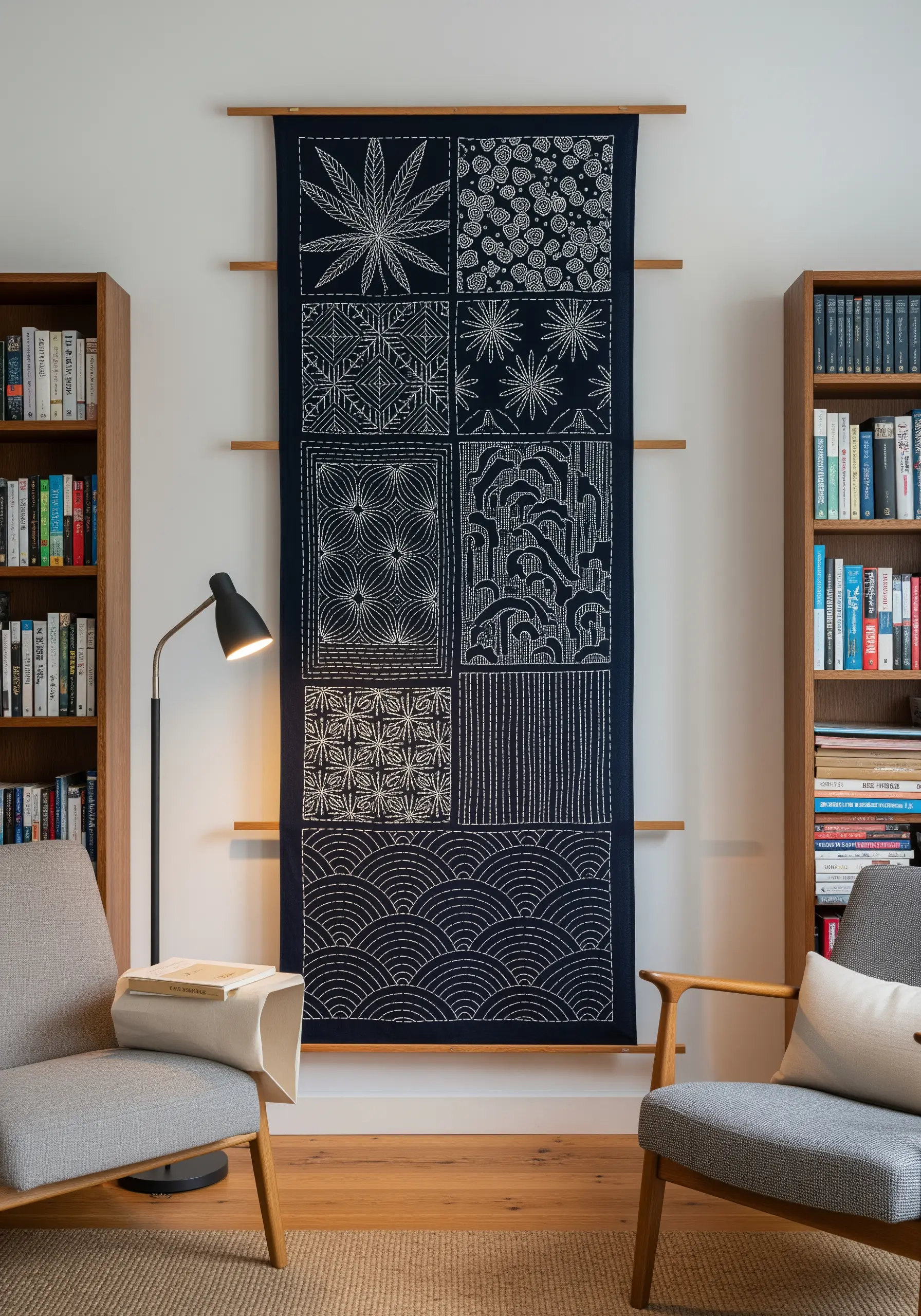 A dark indigo Sashiko panel with geometric patterns stitched in white thread, hanging on a wall.