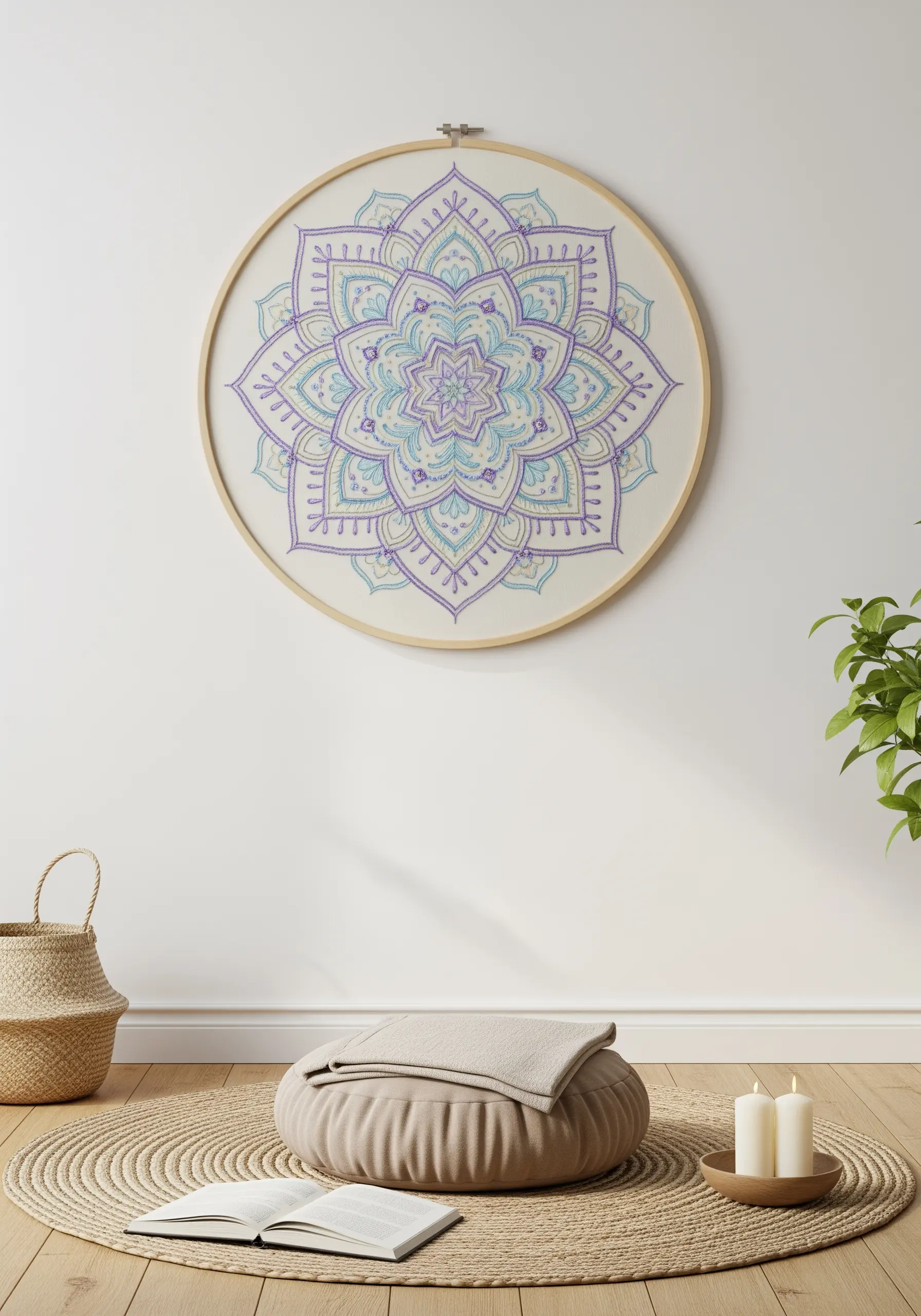 A large embroidery hoop featuring an intricate mandala in purple and turquoise.