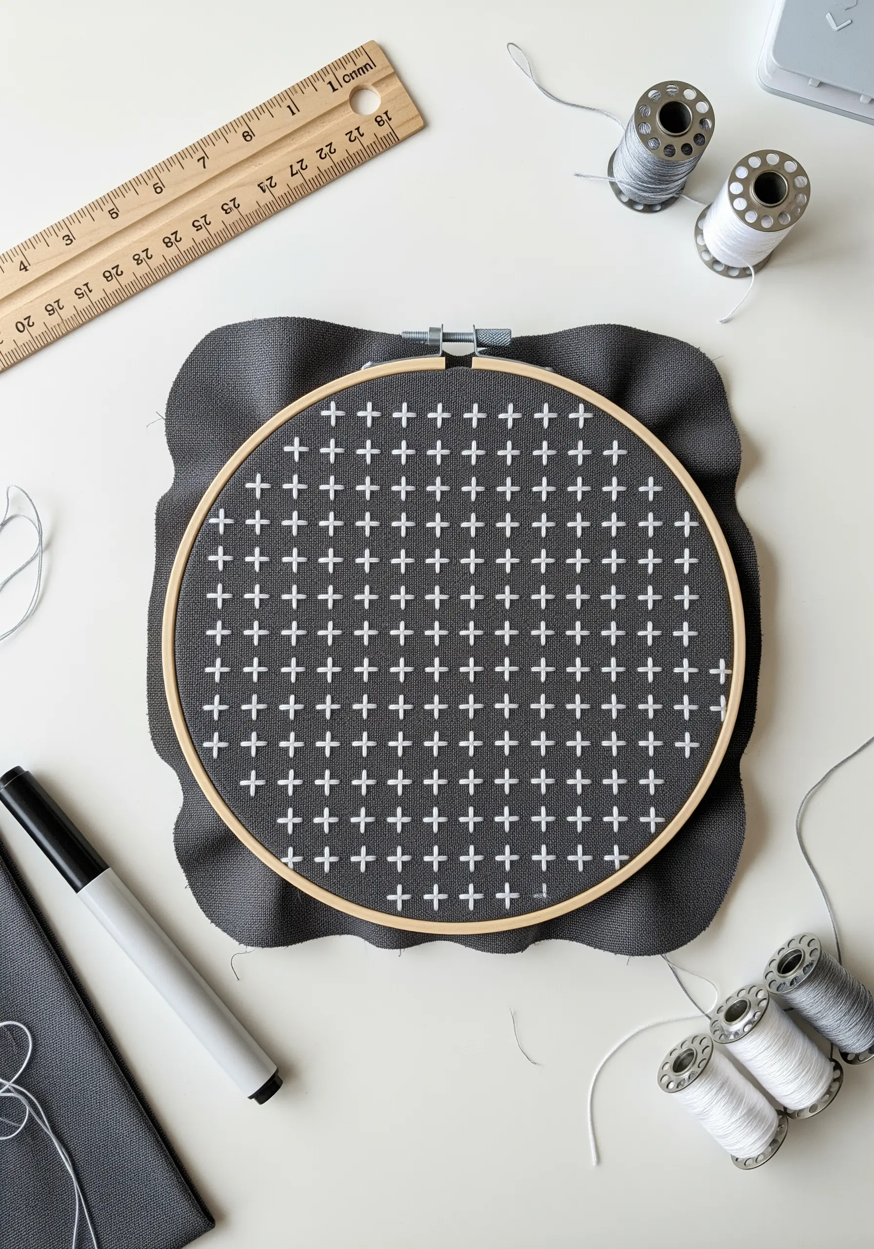 A repeating pattern of small white plus signs stitched in a grid on dark grey fabric.