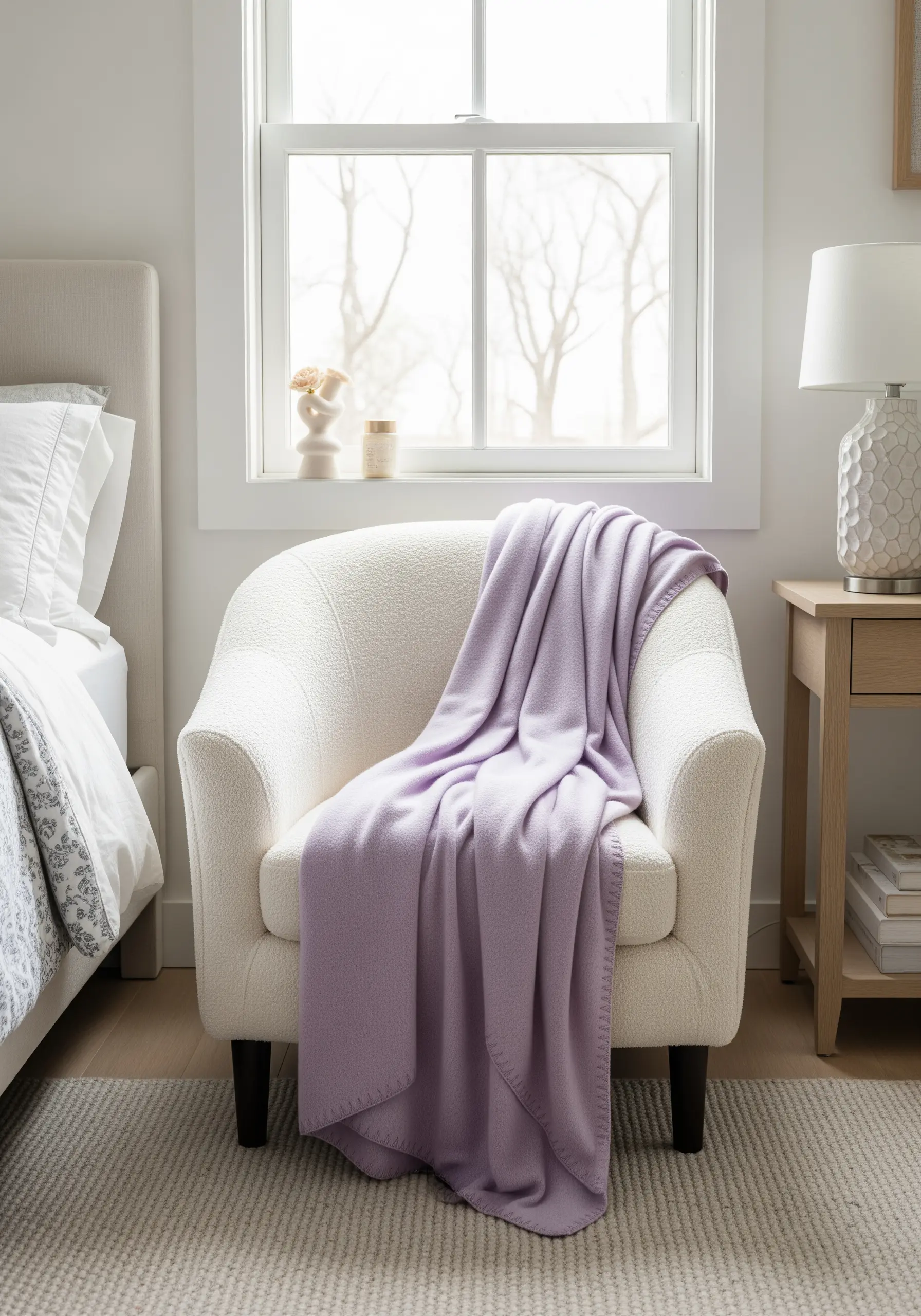 A soft lavender cashmere throw draped over a chair, with a subtle blanket stitch detail along the hem.
