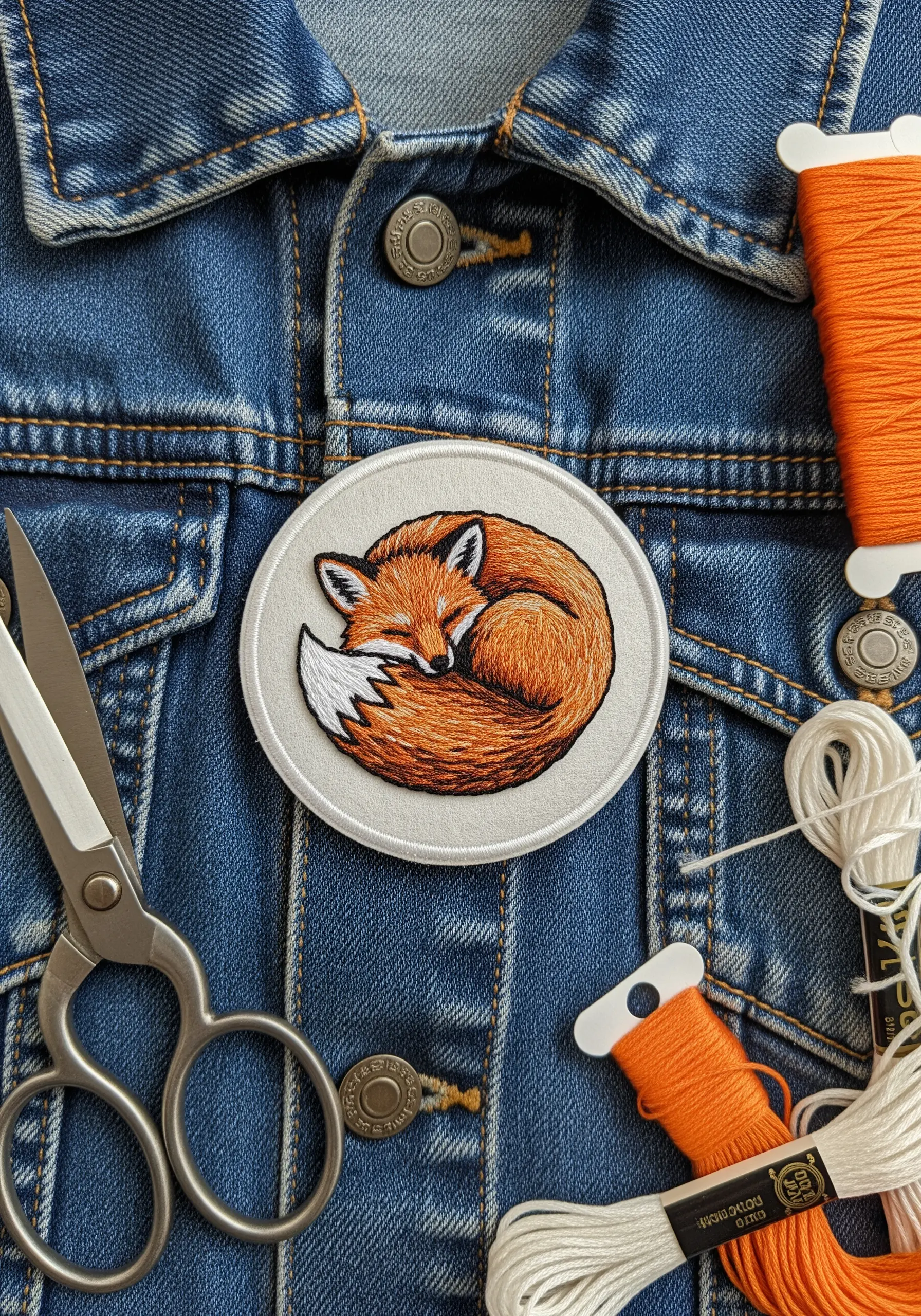 A finished, neatly edged embroidered patch of a sleeping fox on a denim jacket