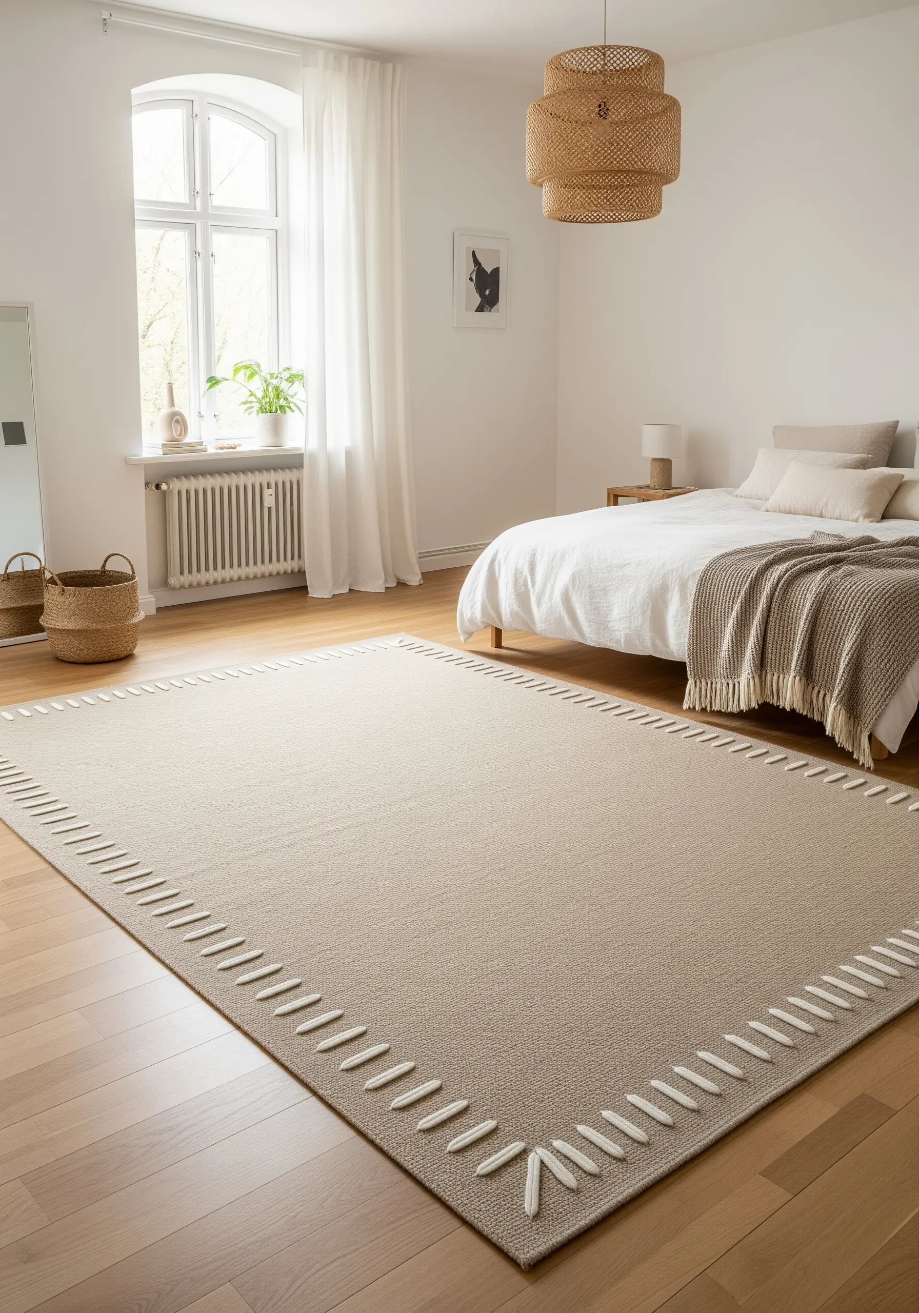 A neutral-colored area rug with a decorative border of large, white whip stitches made with thick yarn.