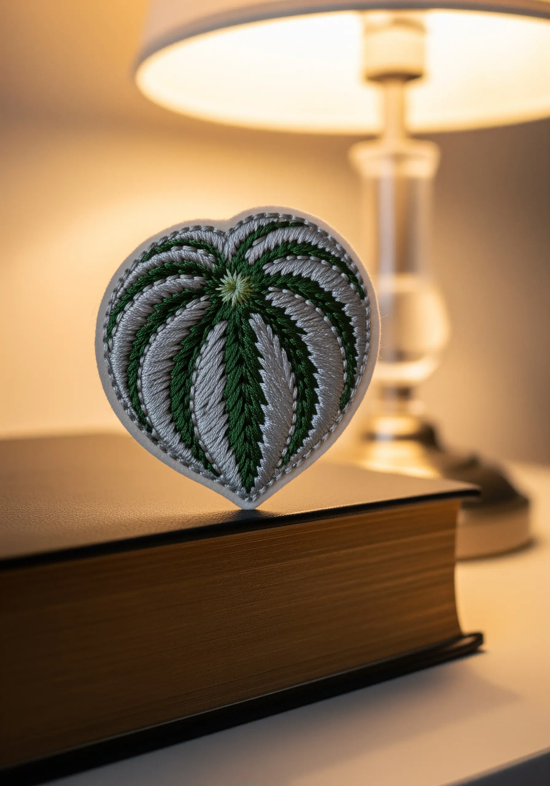 A small, heart-shaped embroidered leaf patch with a clean, satin-stitched edge, resting on a book.