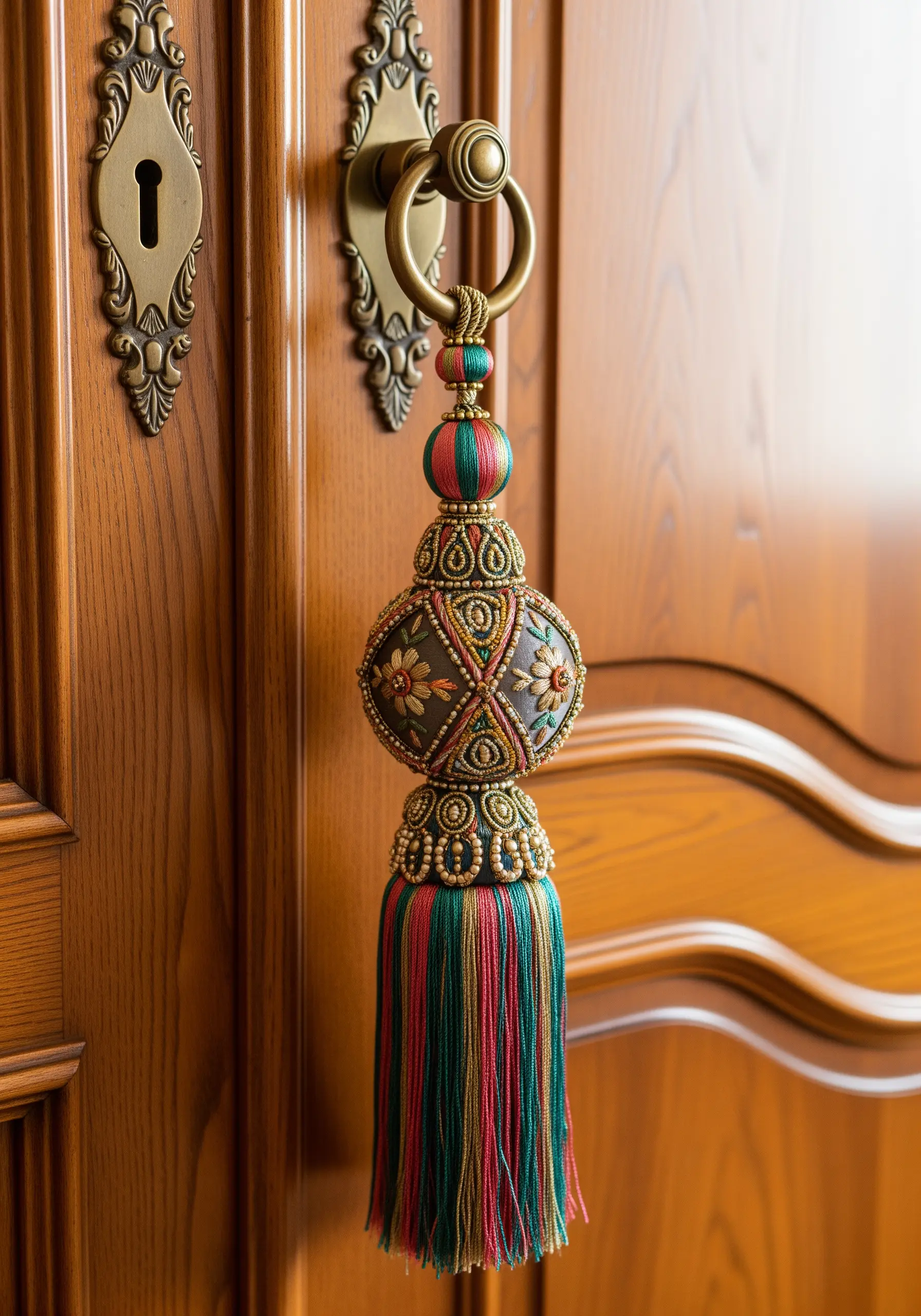 An ornate, embroidered and beaded door tassel with rich colors and textures.