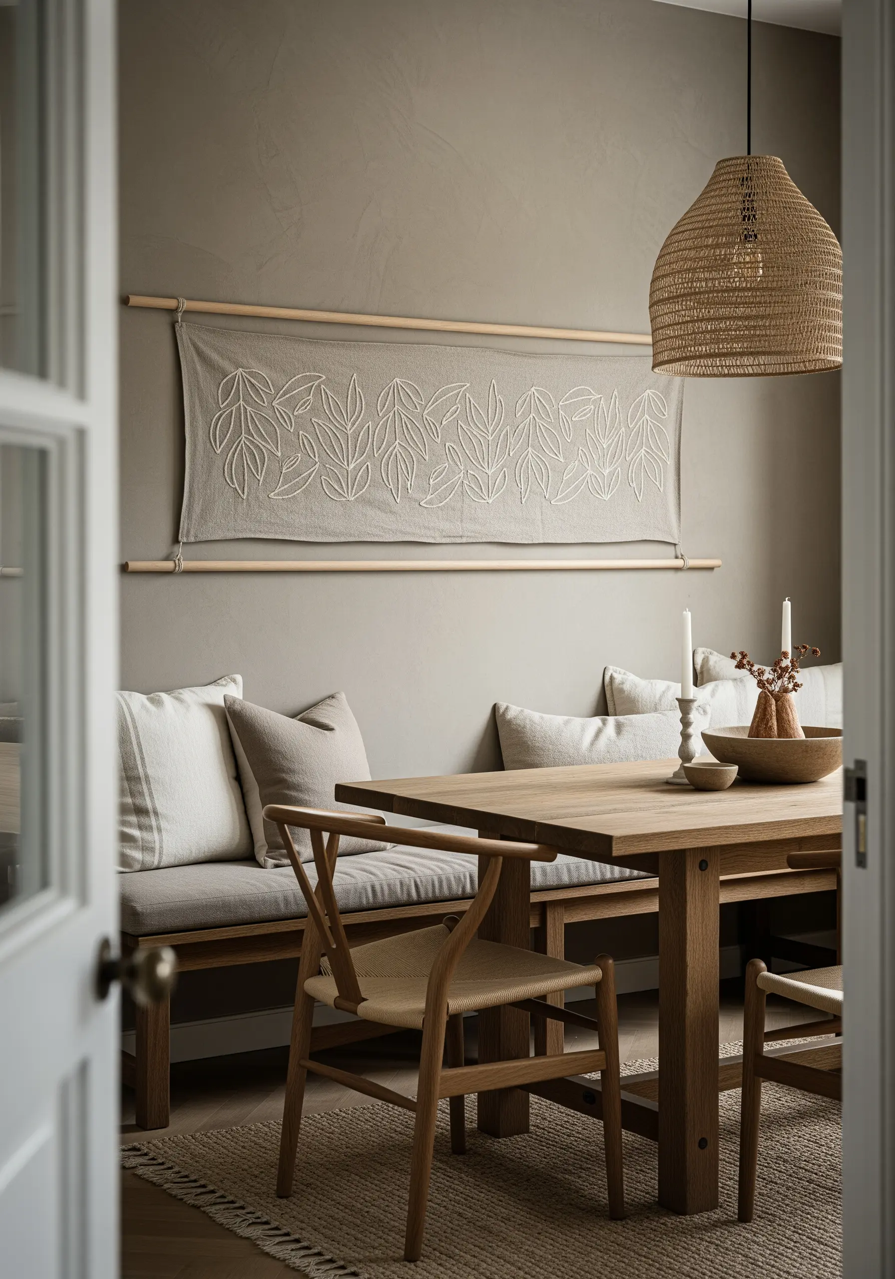 A long, horizontal embroidery of leaf motifs hanging from wooden dowels.
