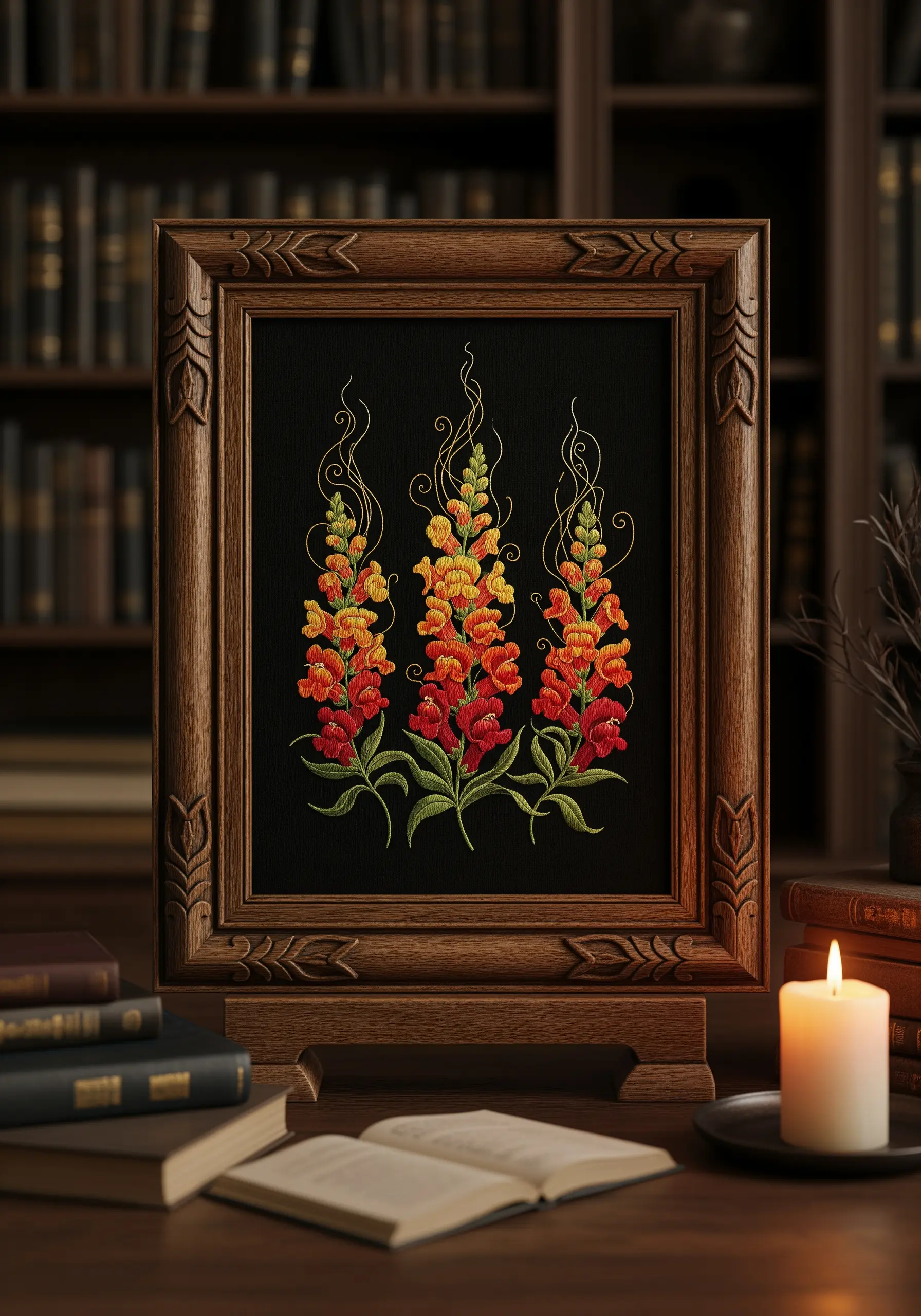 Framed embroidery of three snapdragon stalks in a fiery red, orange, and yellow gradient.