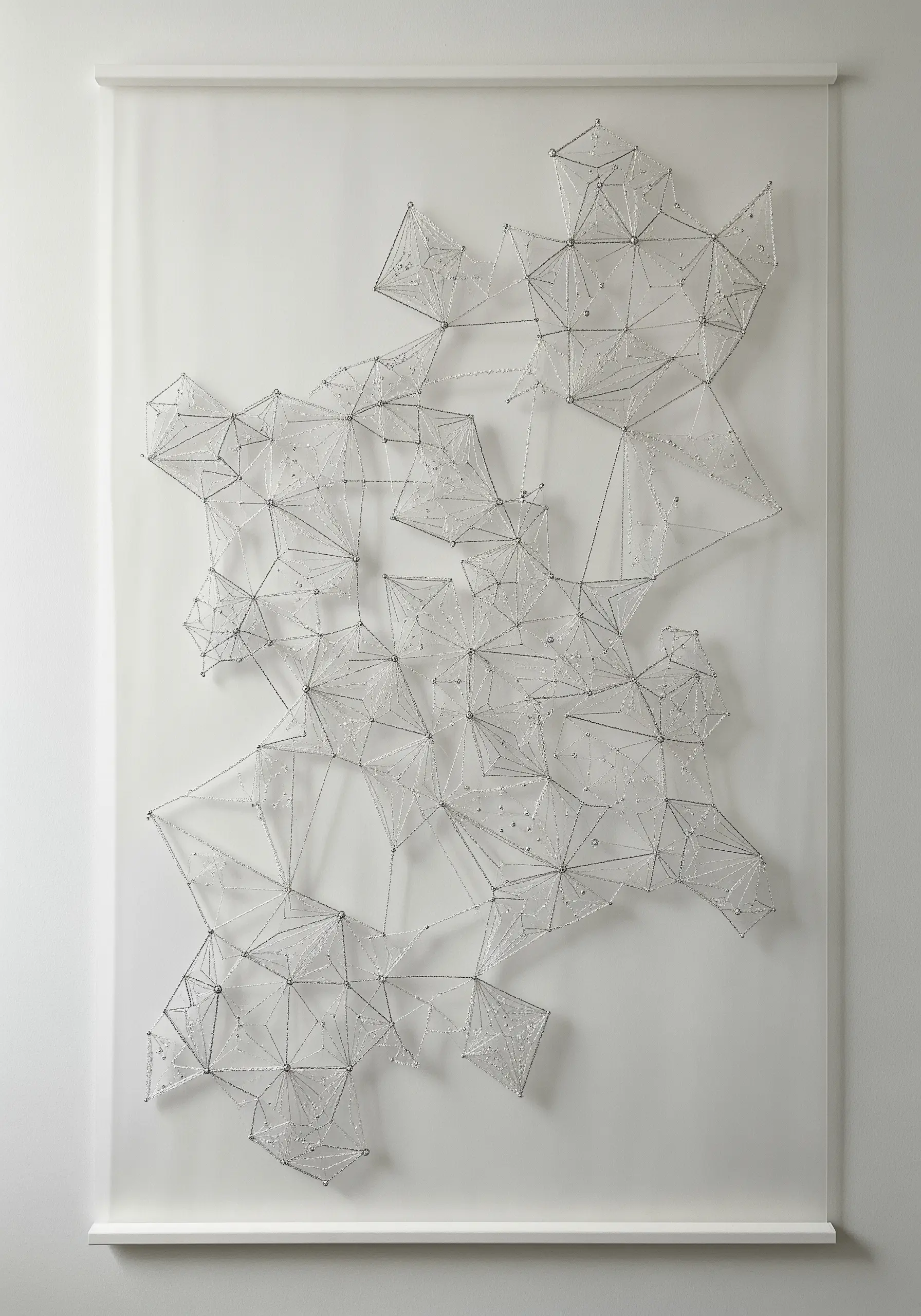 Intricate string art resembling a constellation, made with silver thread on a clear panel.