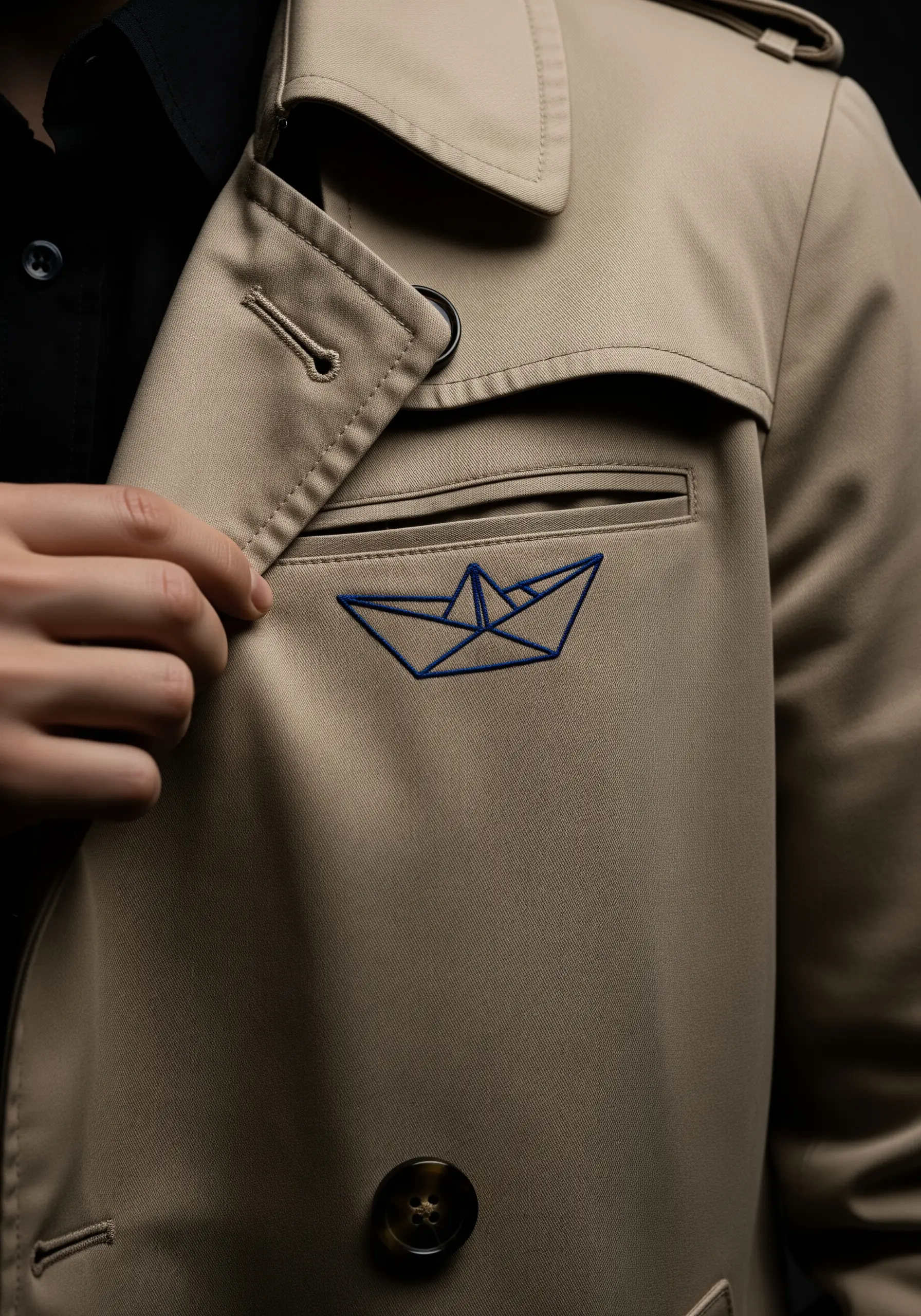A blue outline of a paper boat embroidered above the pocket of a beige trench coat.