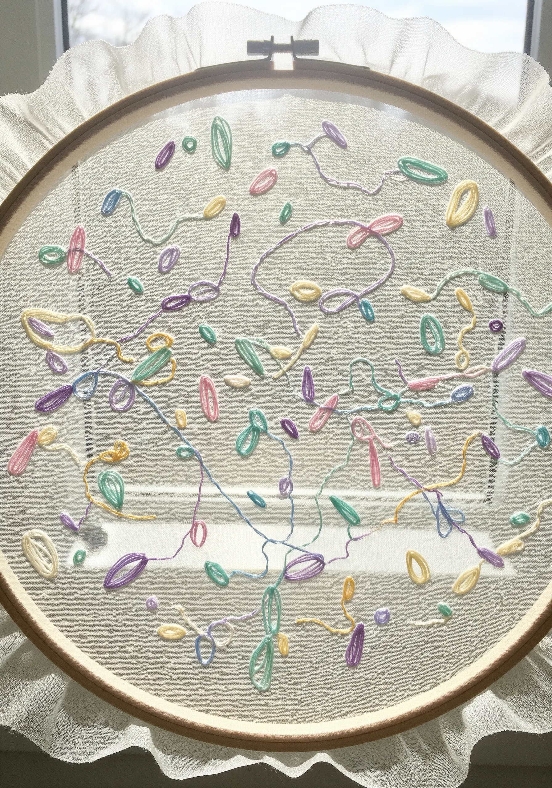 Pastel-colored satin stitches floating on sheer organza fabric stretched in a hoop.