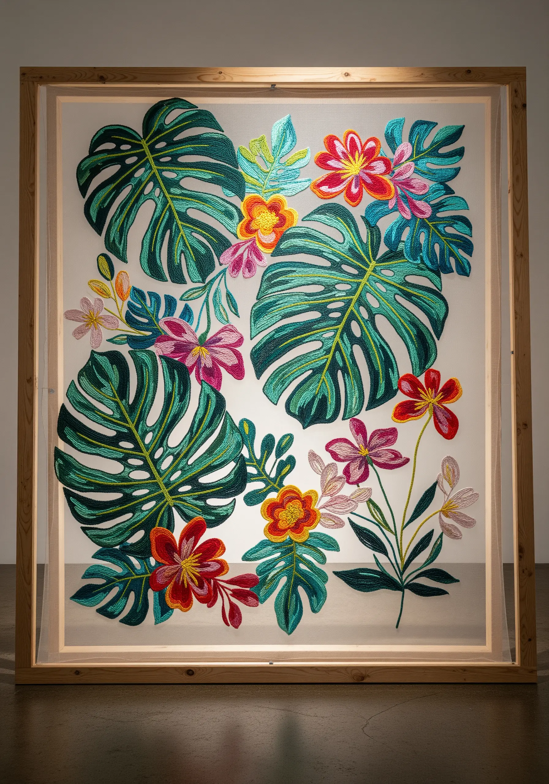 Large-scale botanical embroidery on sheer tulle, framed to look like it's floating.