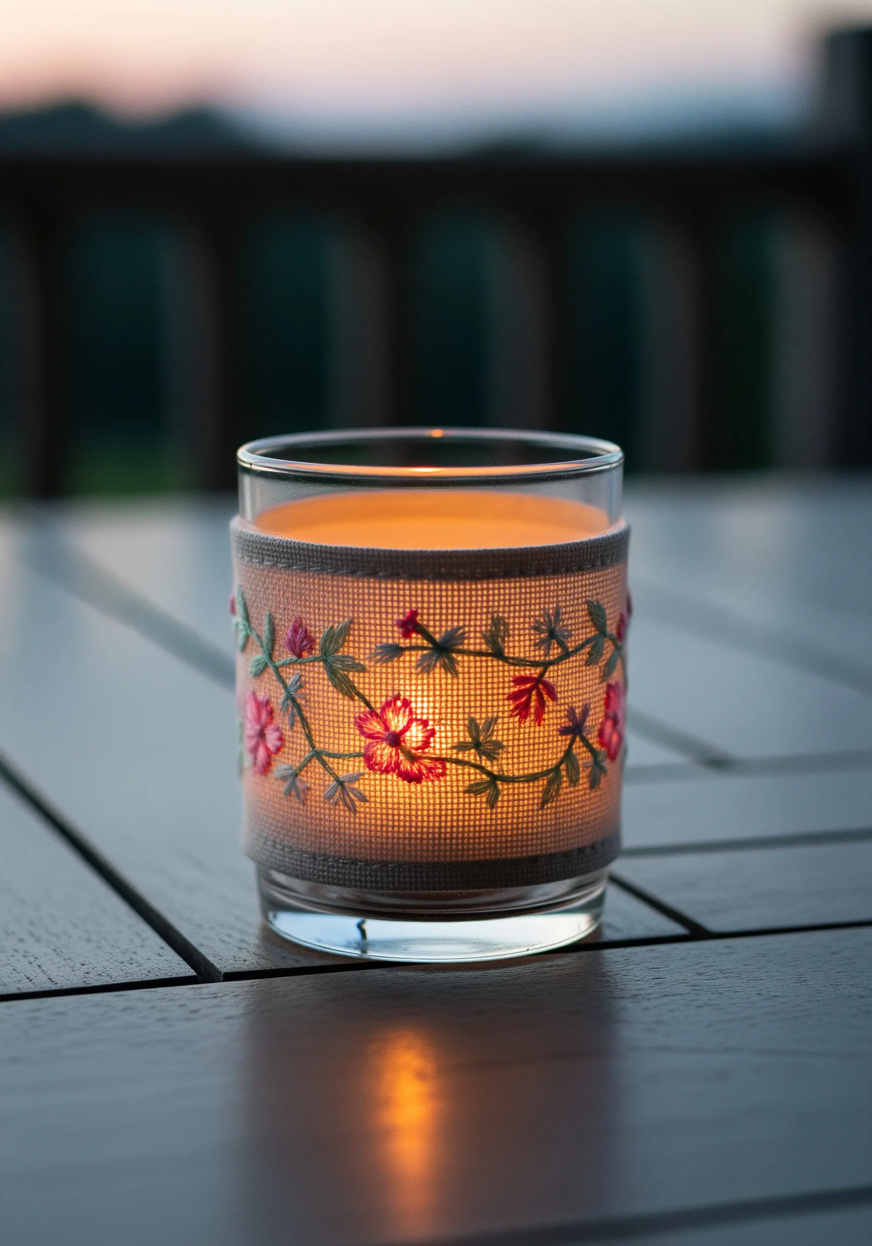 A glass candle holder wrapped in a linen band embroidered with pink and green flowers.