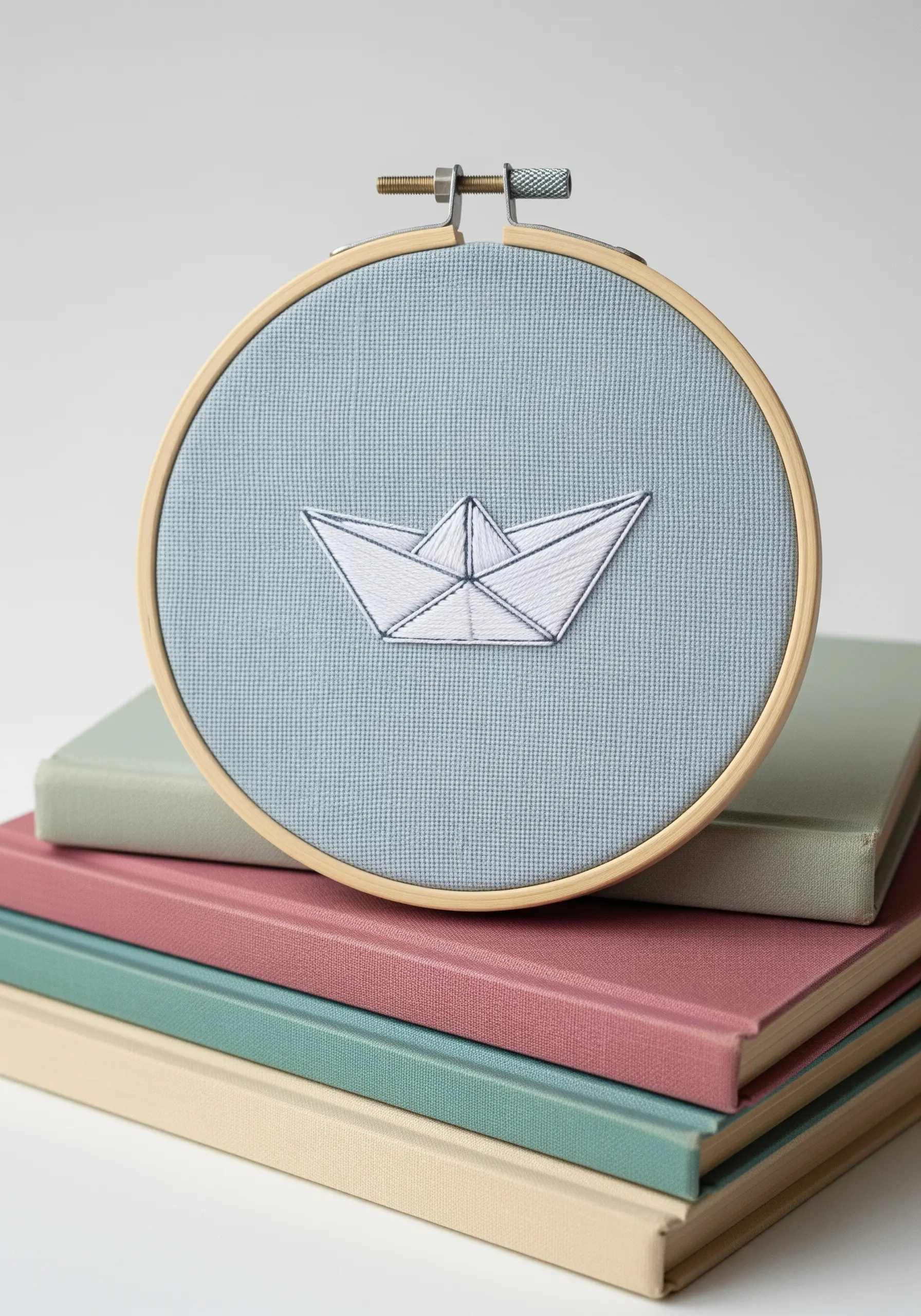 An embroidered white paper boat with clean lines, stitched on light blue fabric.