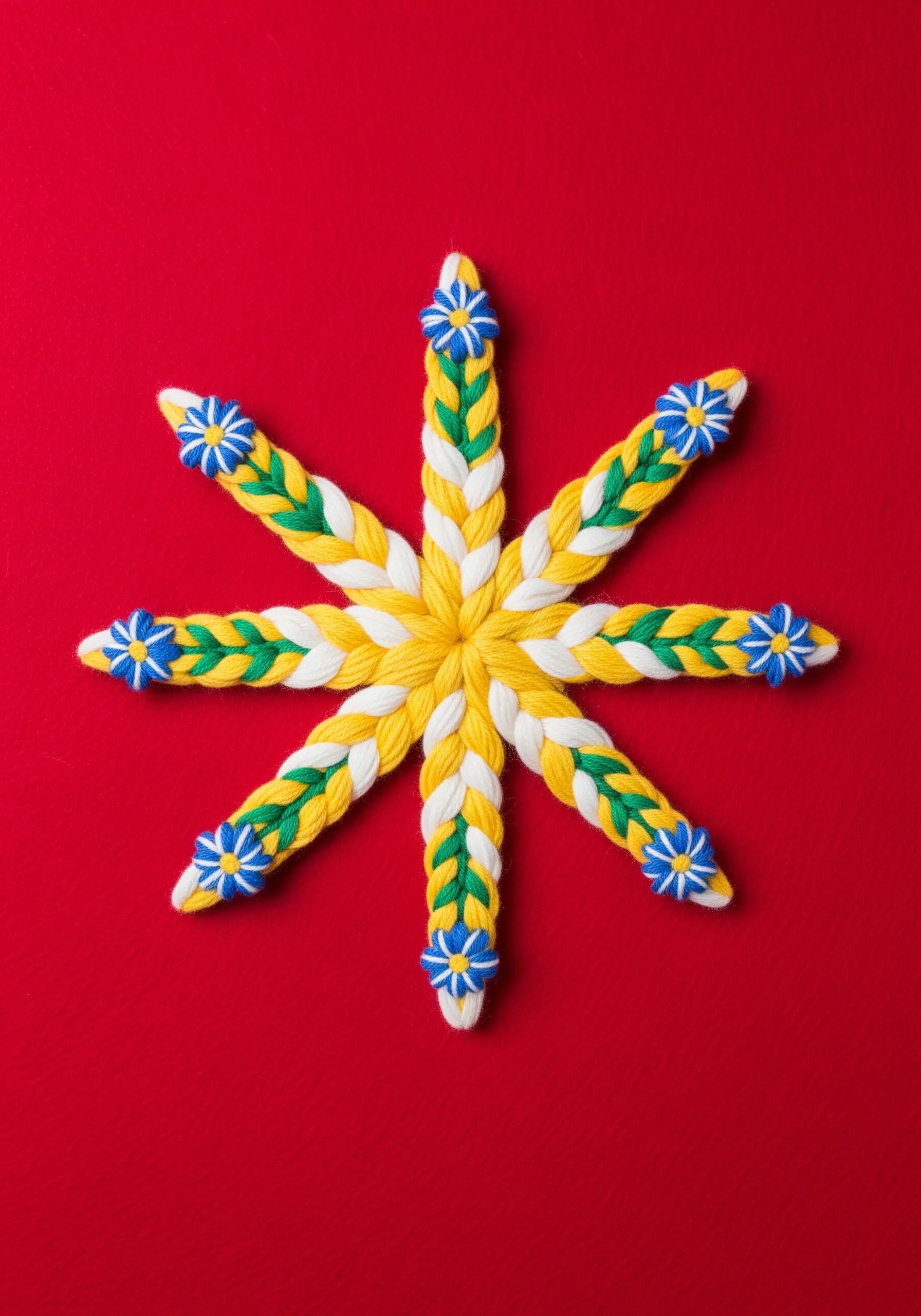 Folk art star embroidery with braided rays in yellow, white, green, and blue flowers.