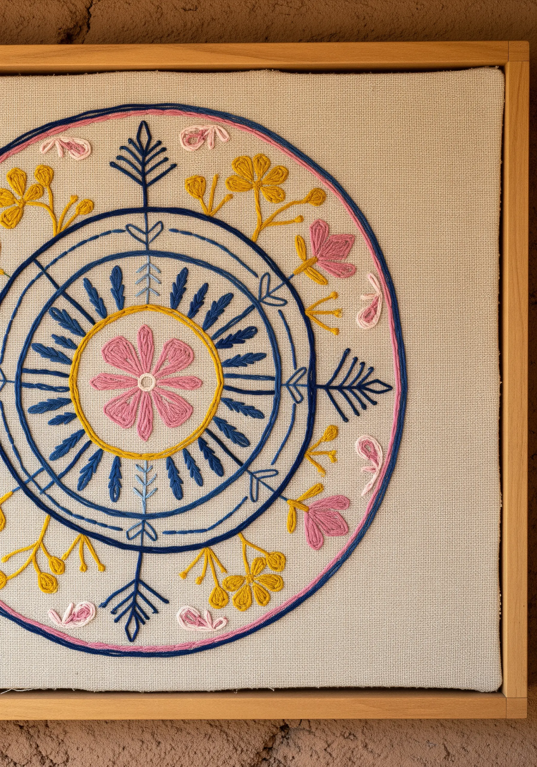 A close-up of a folk art-style mandala with bold chain stitches and lazy daisy flowers.