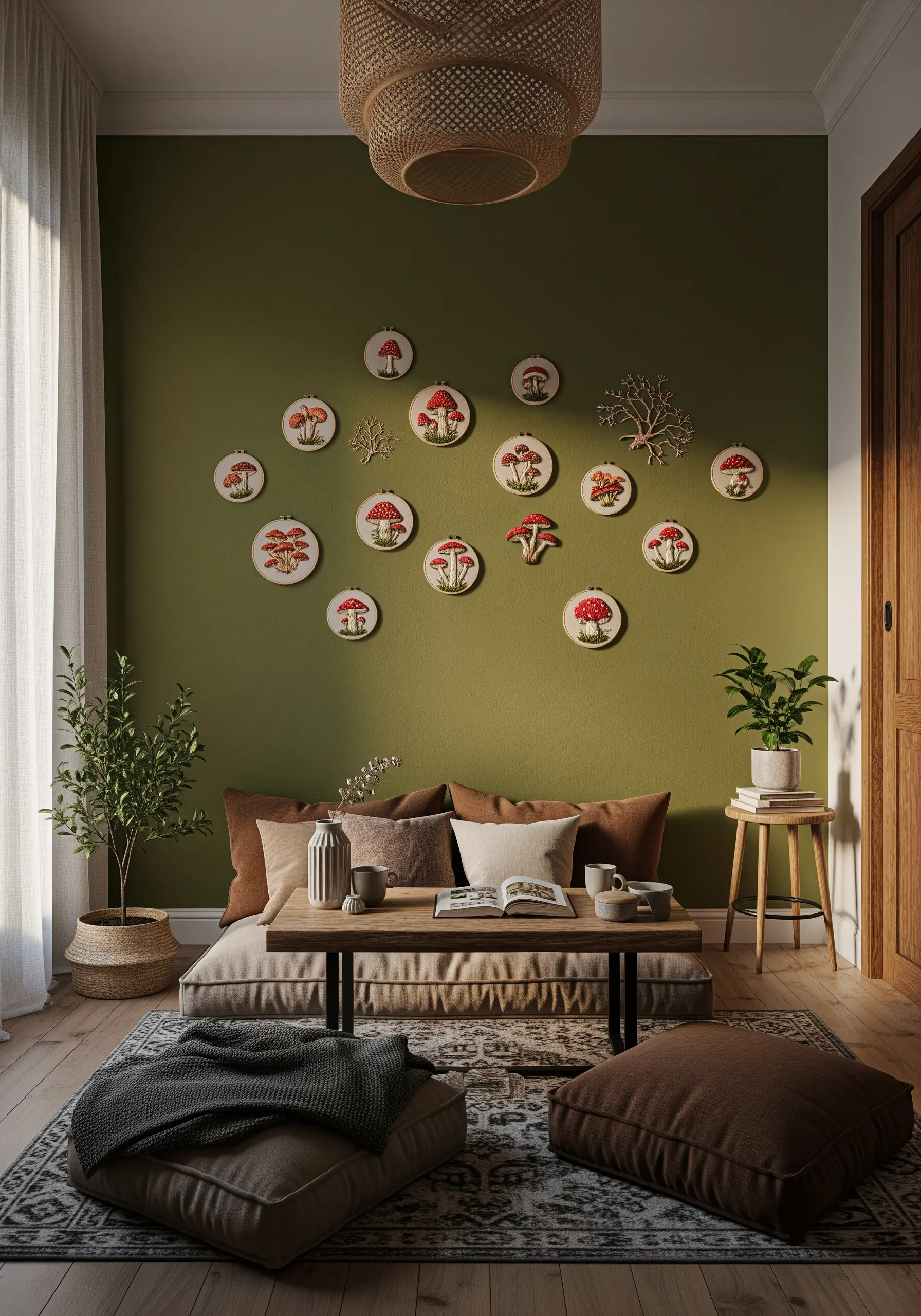 A whimsical collection of embroidered mushrooms and toadstools on an olive green wall.