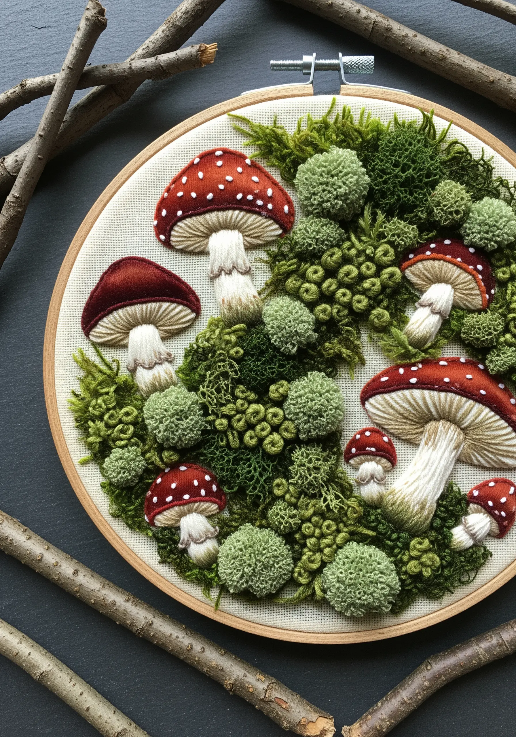 3D embroidery of mushrooms on a mossy ground, using stumpwork and French knots for high texture.