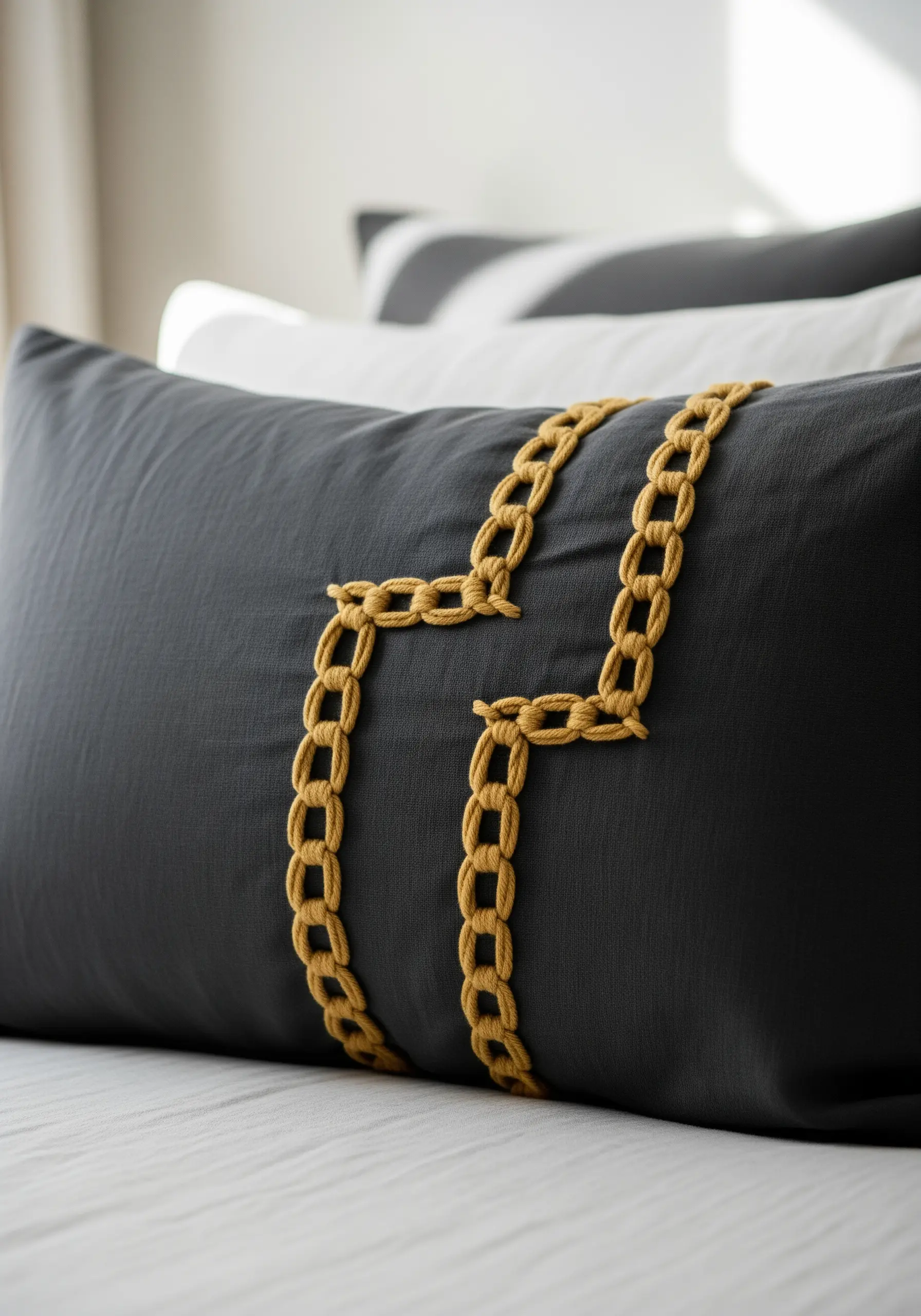A dimensional chain link pattern stitched in bright yellow thread on a dark grey lumbar pillow.