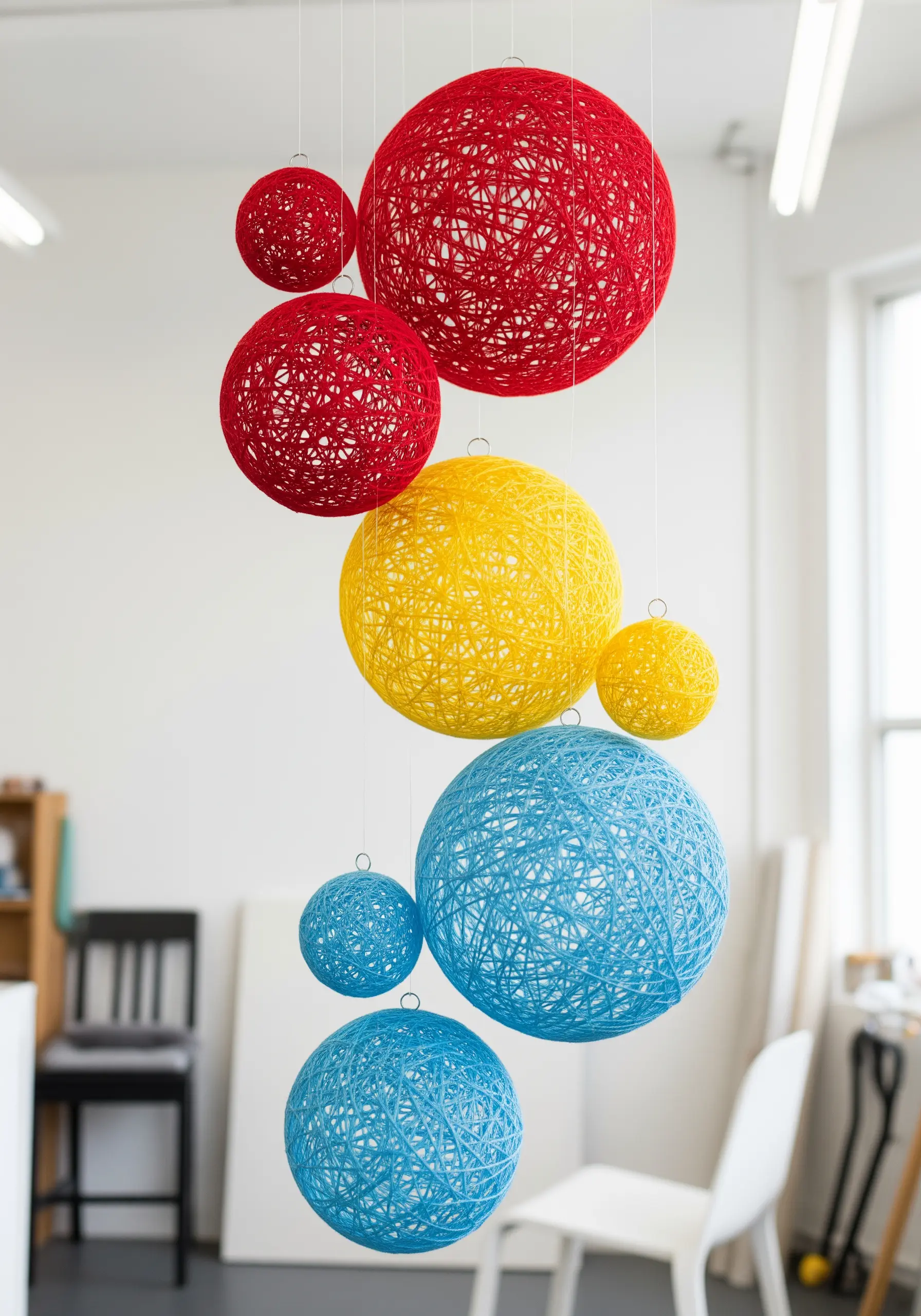 A hanging mobile of red, yellow, and blue spheres made from hardened, glue-soaked yarn.