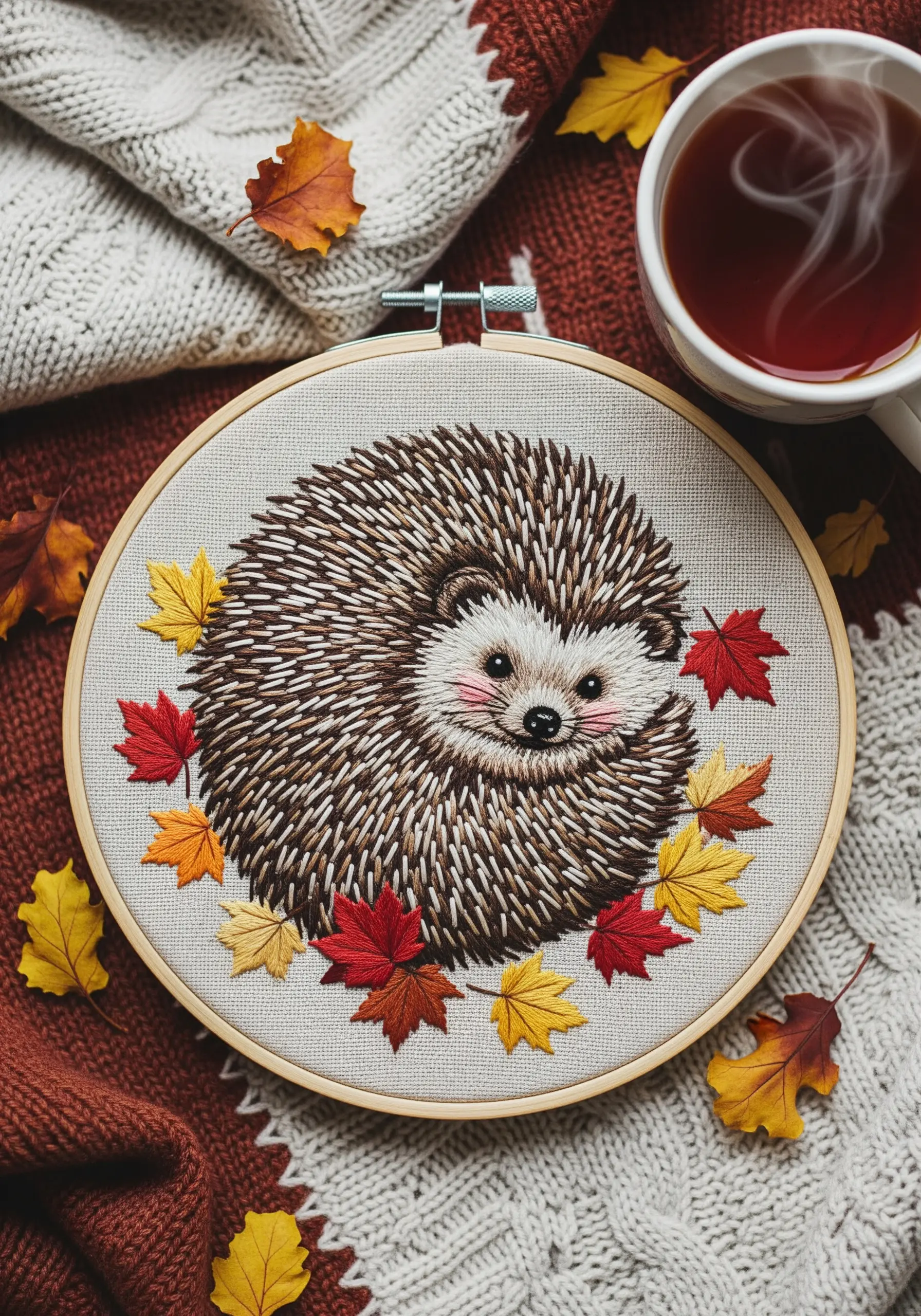 A curled-up hedgehog embroidered with layered straight stitches to create spiky quills.