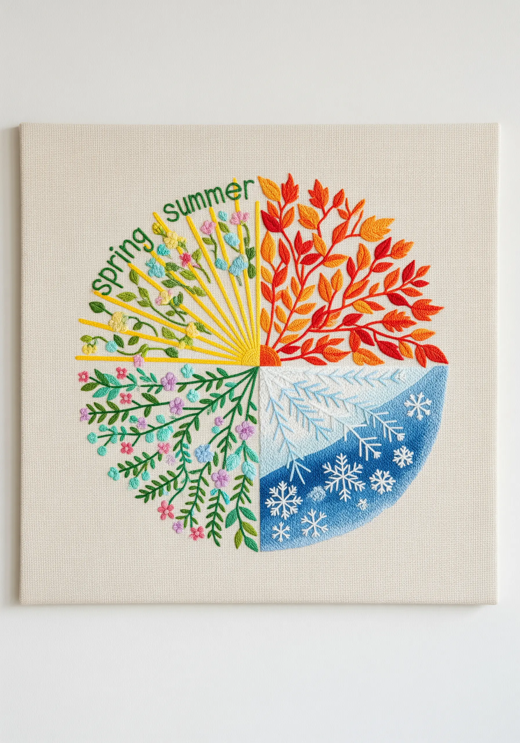 A circular mandala divided into four seasons, each with representative colors and motifs.