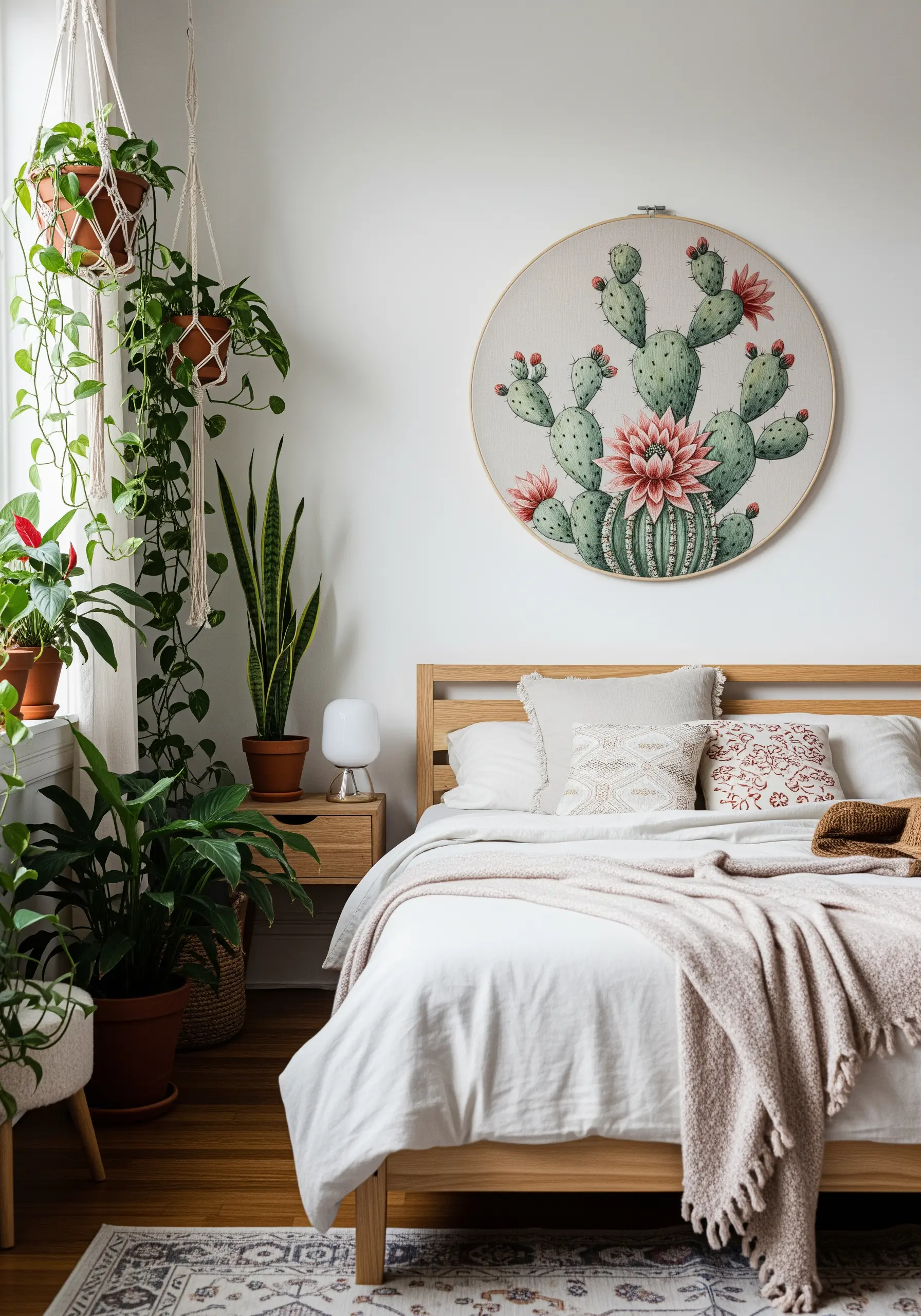Large embroidery hoop with a detailed, watercolor-style flowering cactus.