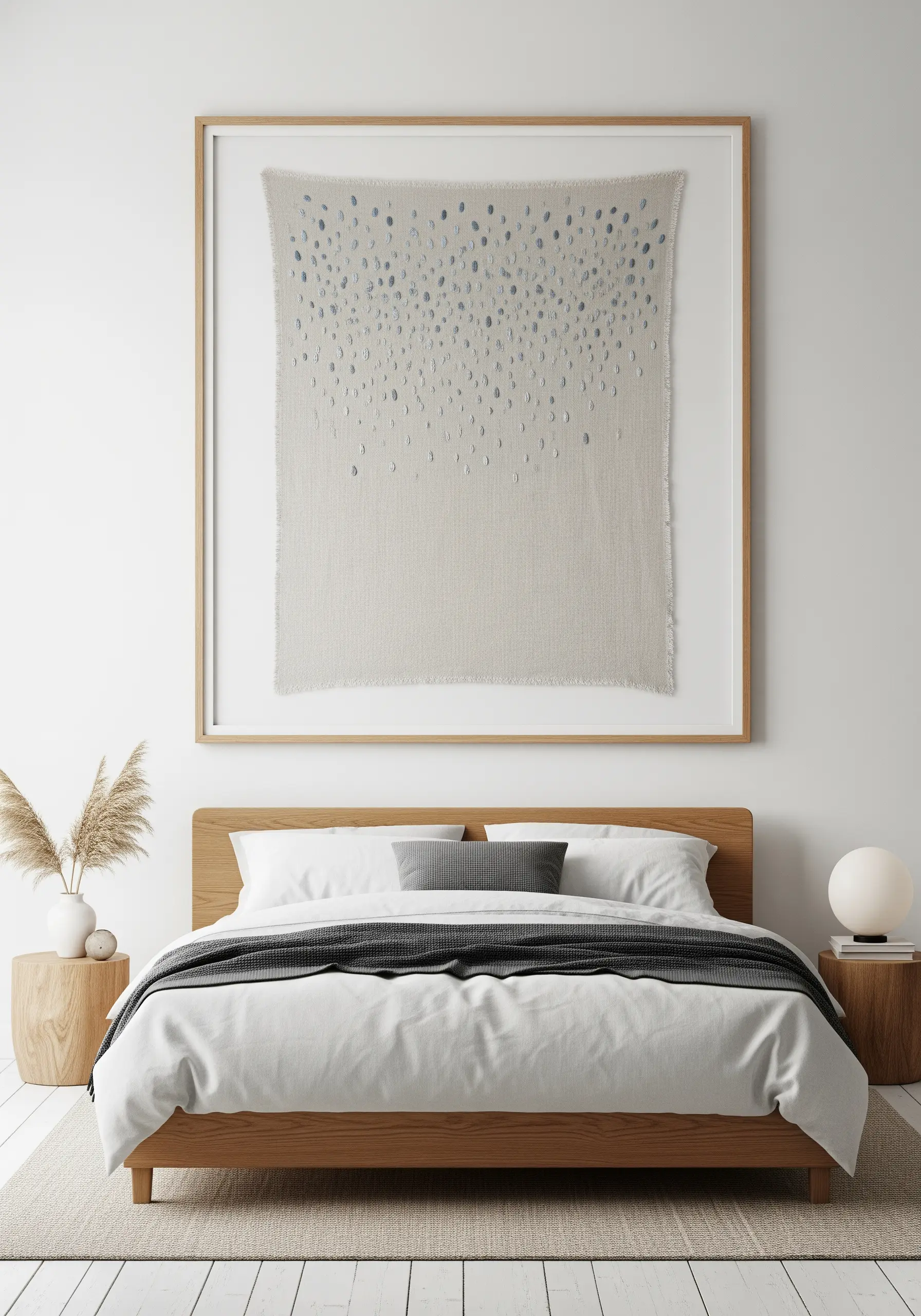 A large framed textile piece with a cascade of small, scattered stitches in muted blue tones.