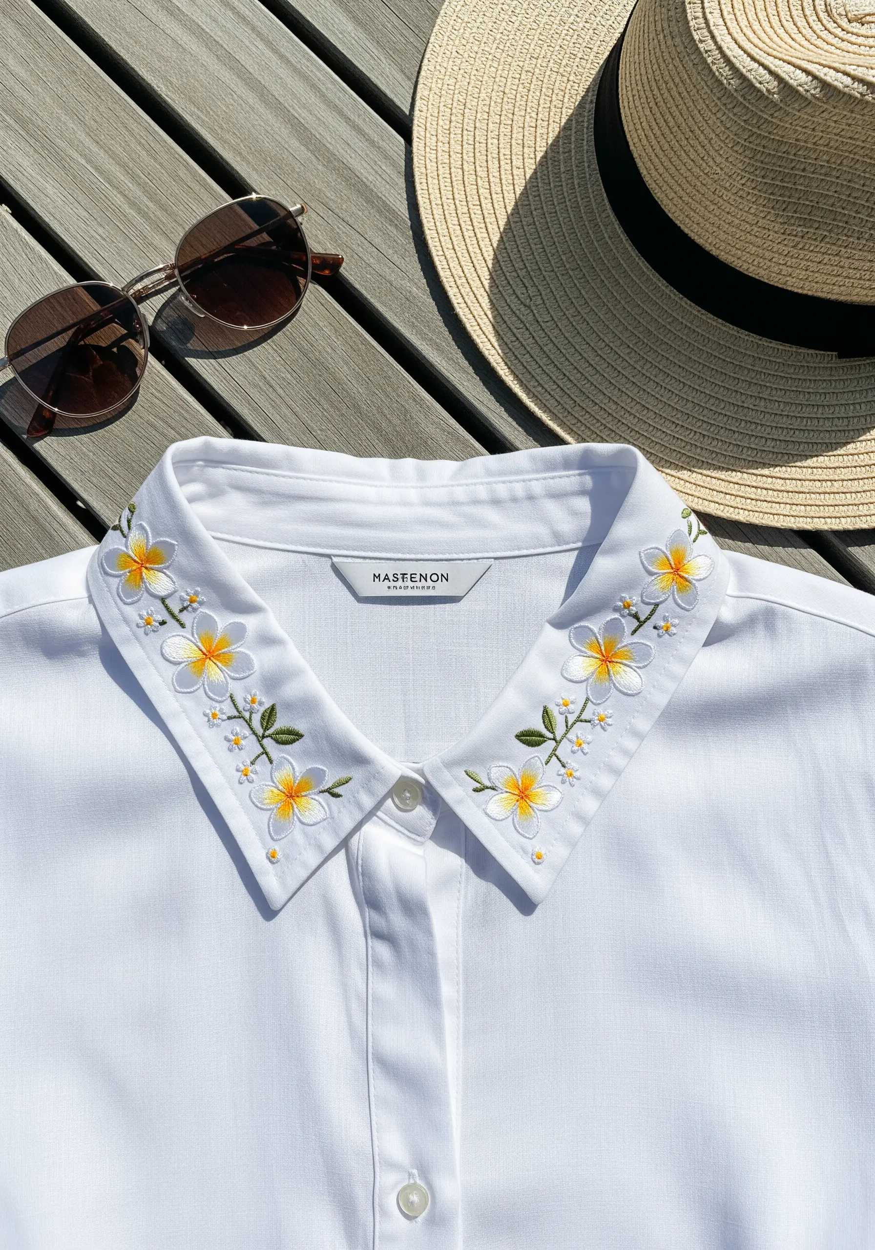 Symmetrical plumeria flowers embroidered on the collar of a white button-down shirt.