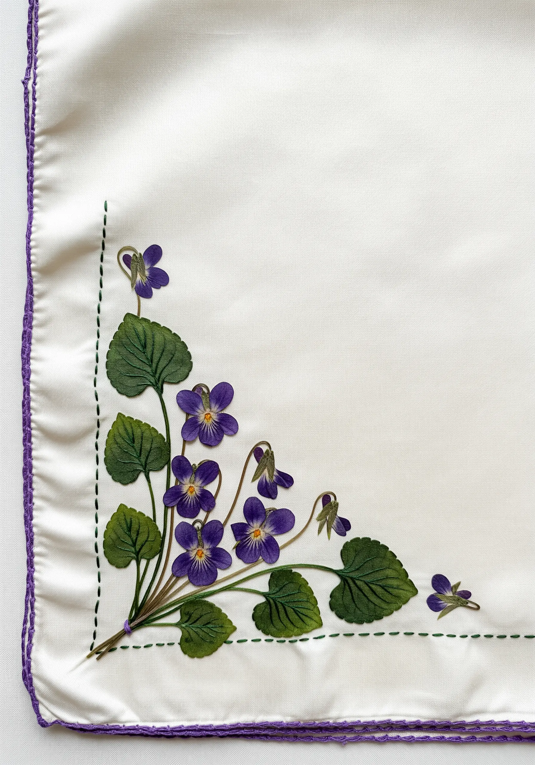 A corner design of embroidered violets with satin-stitched leaves on a white silk handkerchief.