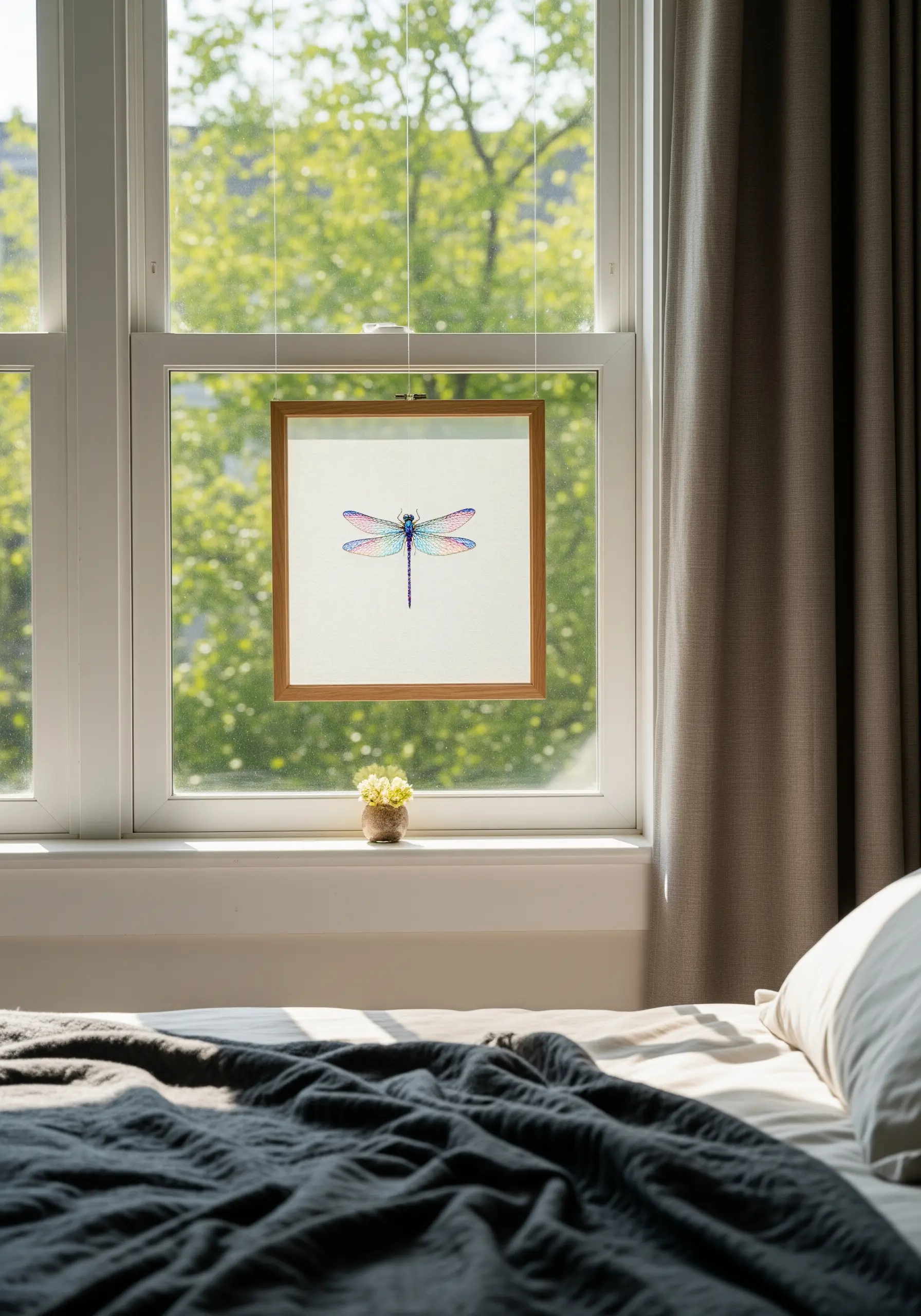An embroidered dragonfly on sheer fabric in a floating frame hanging in a window.