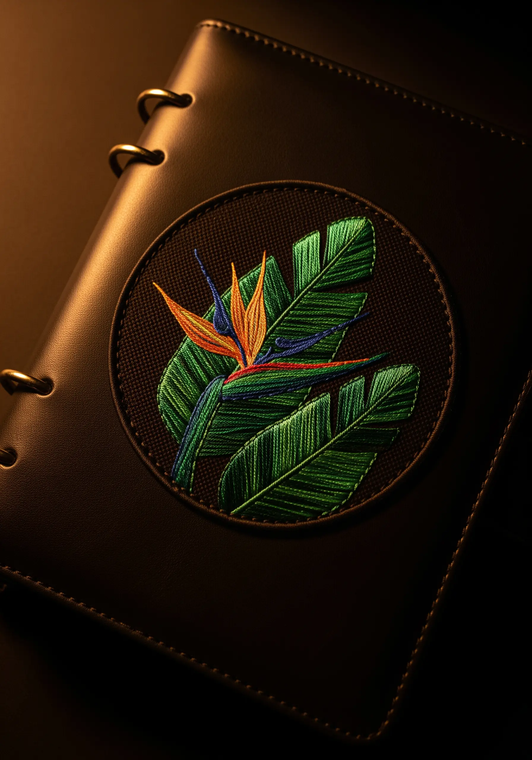 An embroidered patch of a Bird of Paradise flower and leaves on a black leather planner.