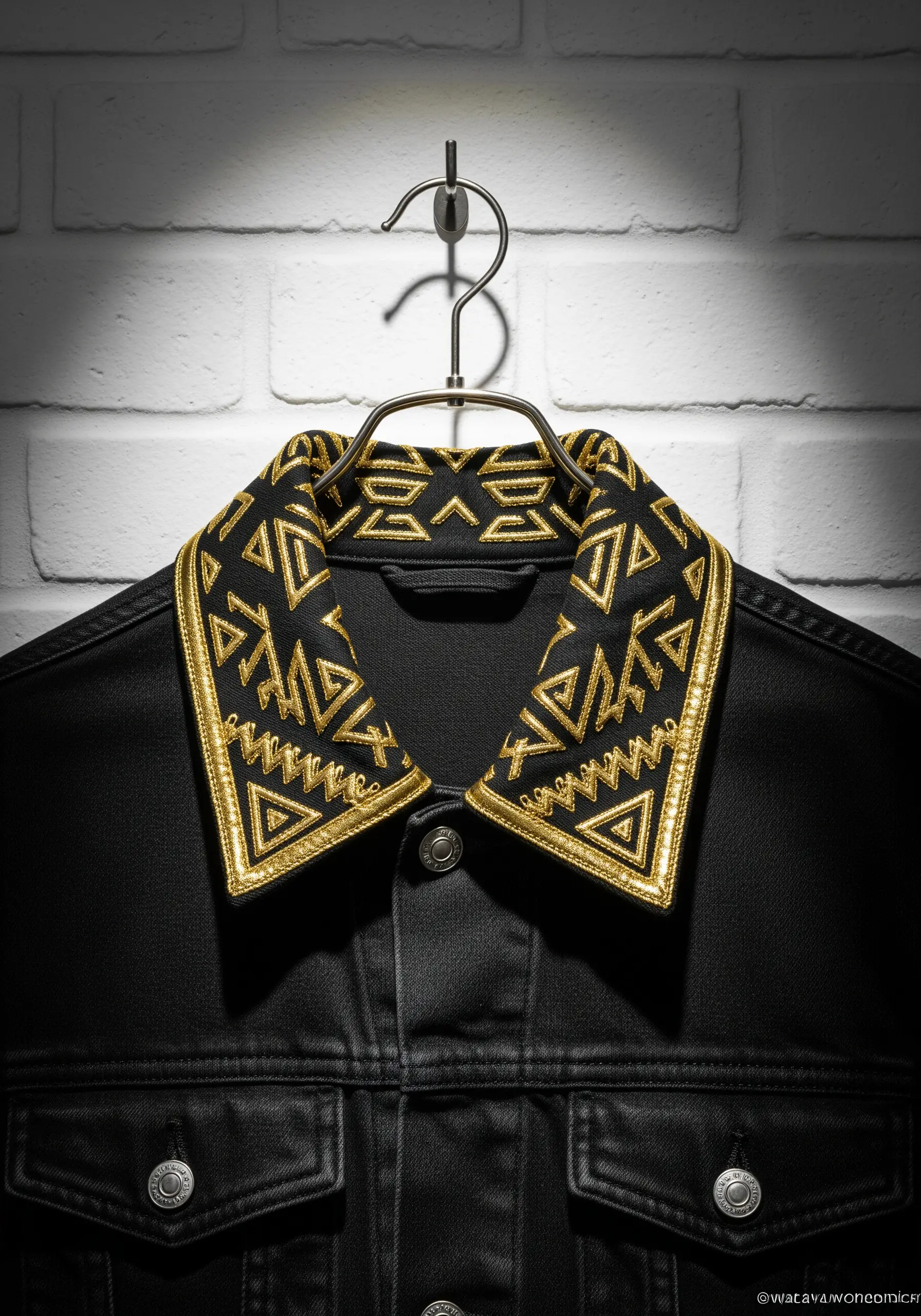 A black denim jacket collar heavily embroidered with a bold gold geometric pattern.