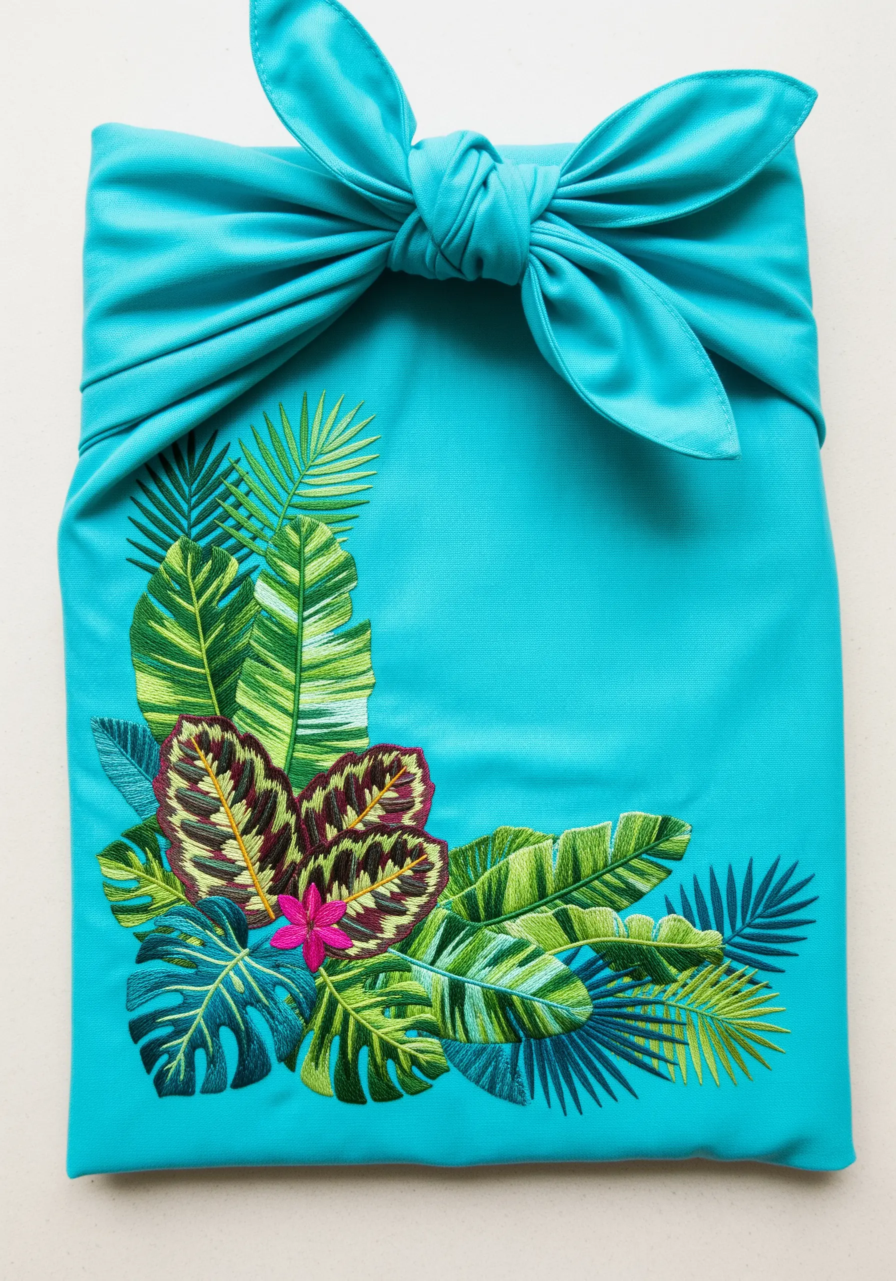 A lush, colorful embroidery of various tropical leaves placed in the corner of a turquoise fabric wrap.