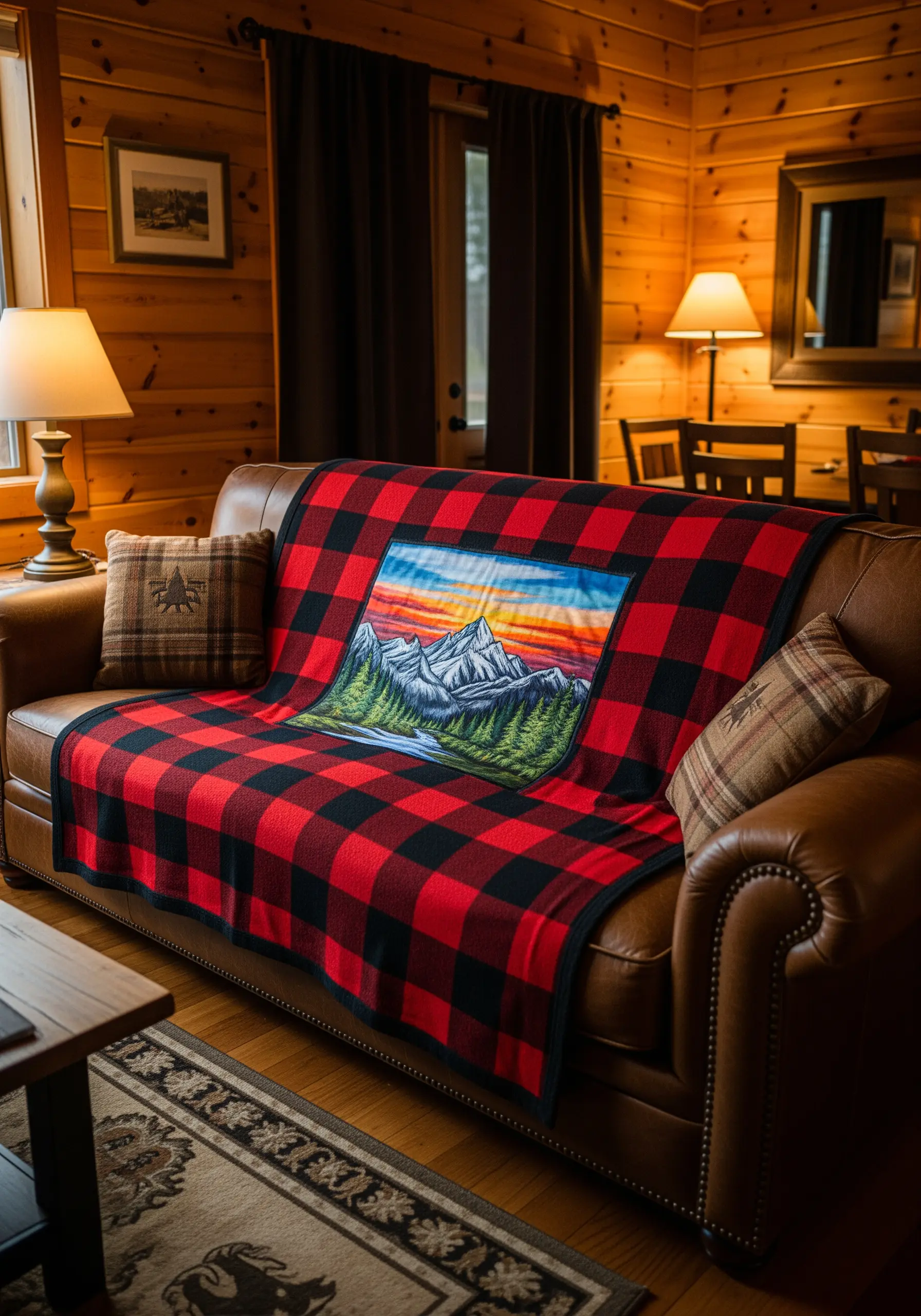 A red and black buffalo plaid blanket with an embroidered landscape panel in the center.