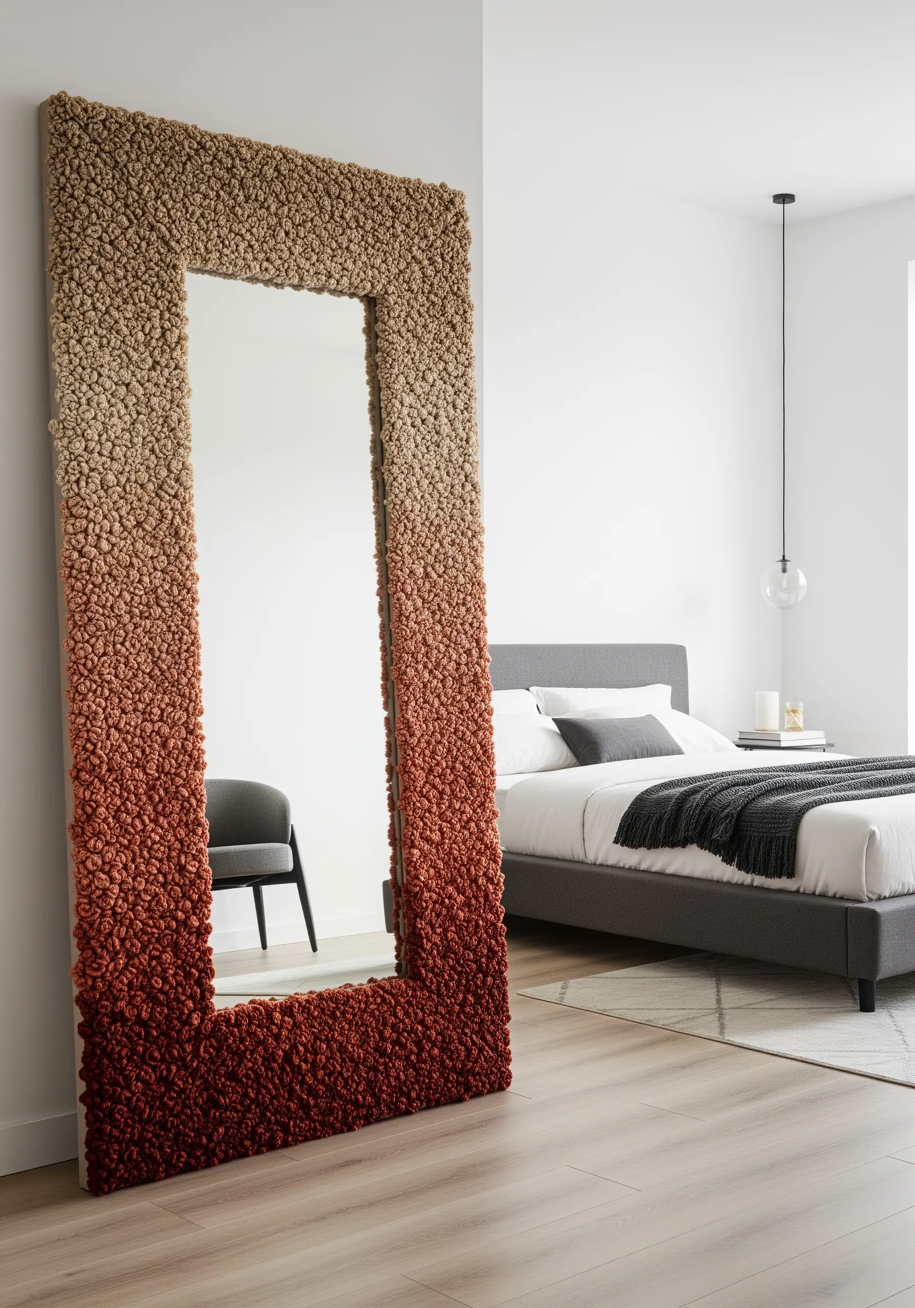A full-length mirror framed with a thick, textured border of ombré French knots.