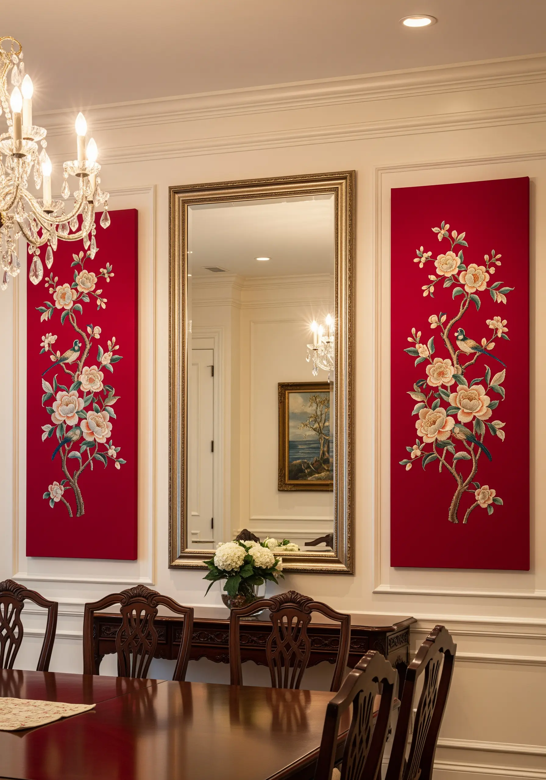 Two tall red canvases with embroidered floral branches symmetrically framing a gold mirror.