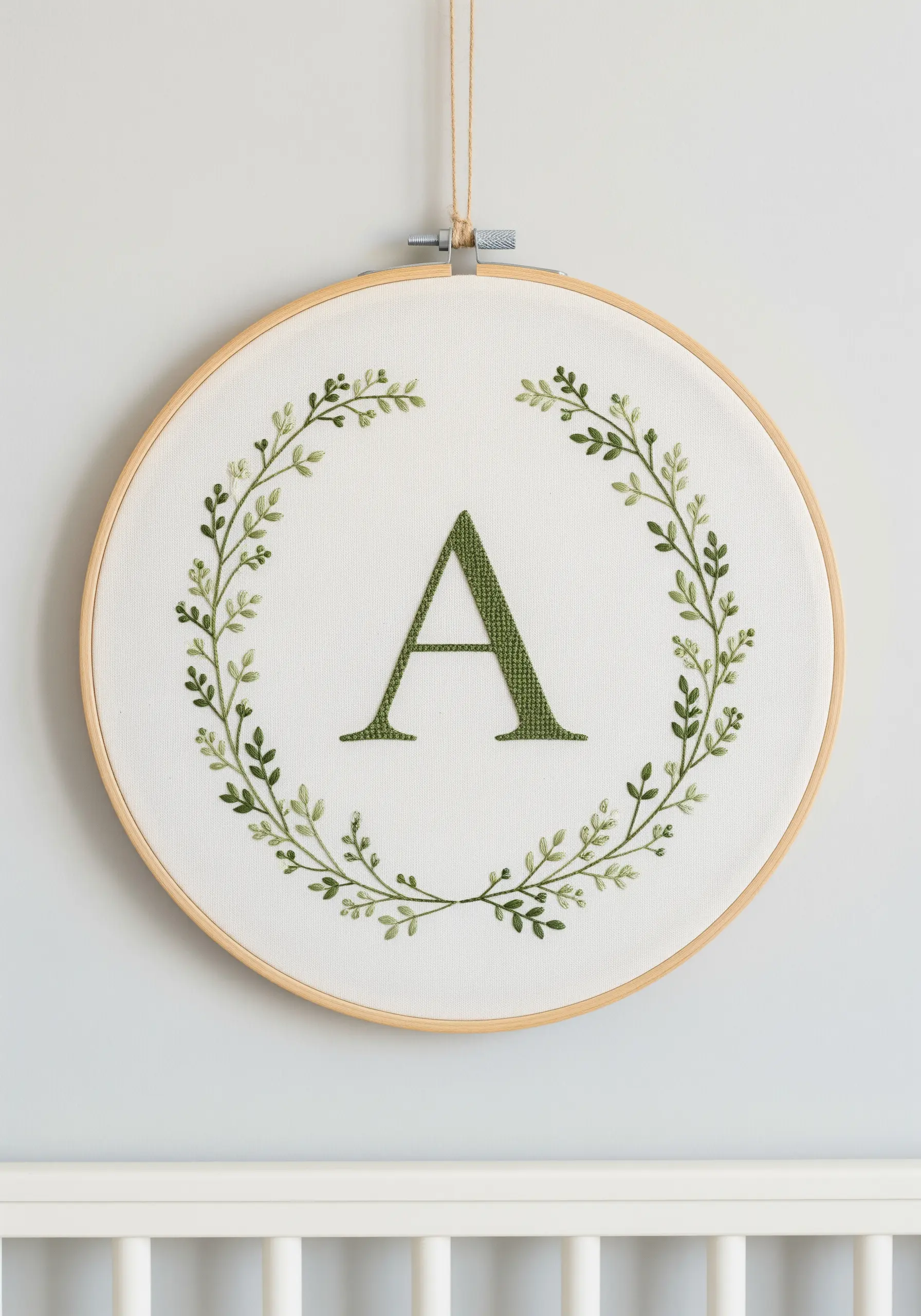 A simple green leafy wreath encircling the letter 'A' embroidered on white fabric.