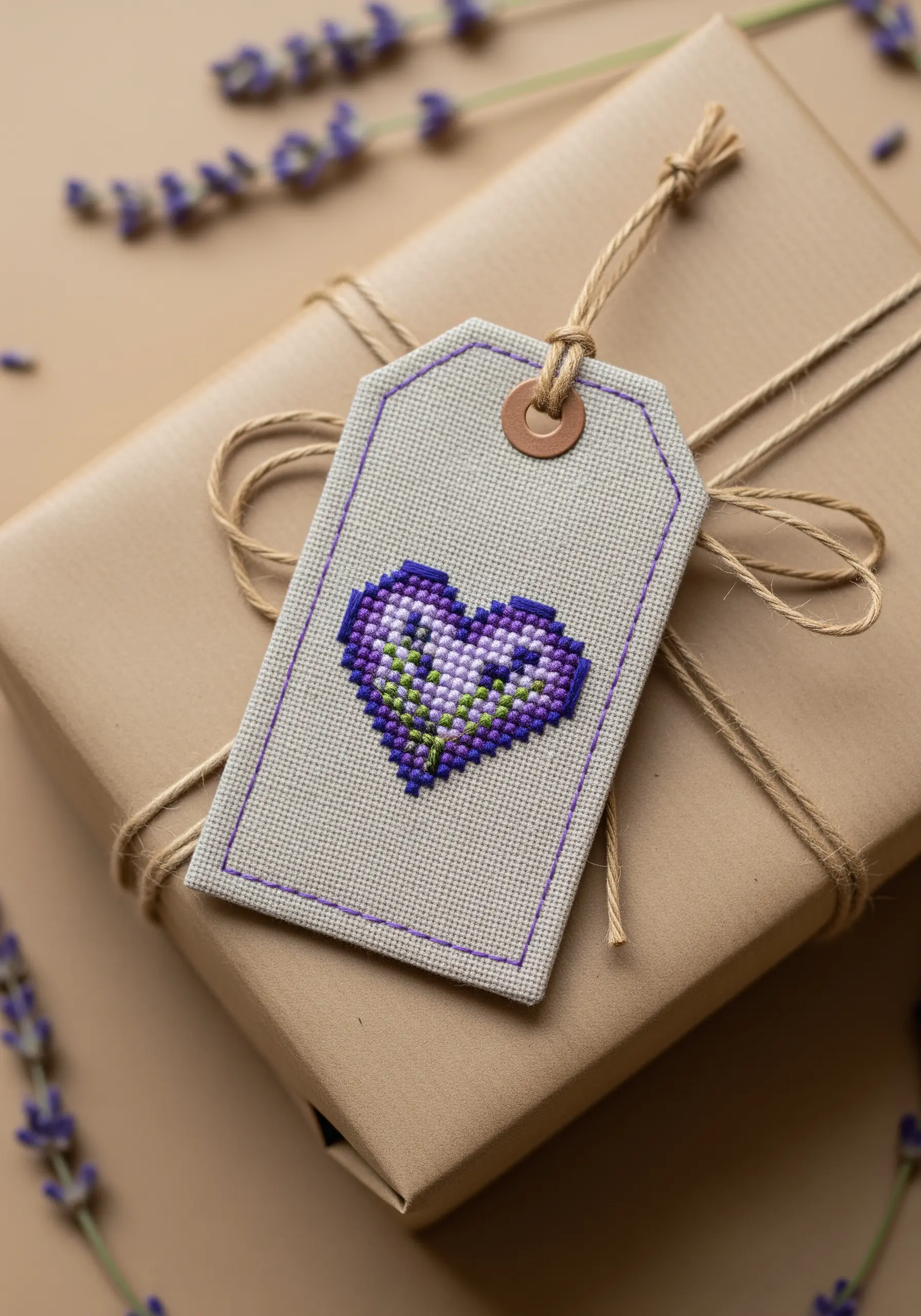 A cross-stitched lavender heart design on a fabric gift tag.