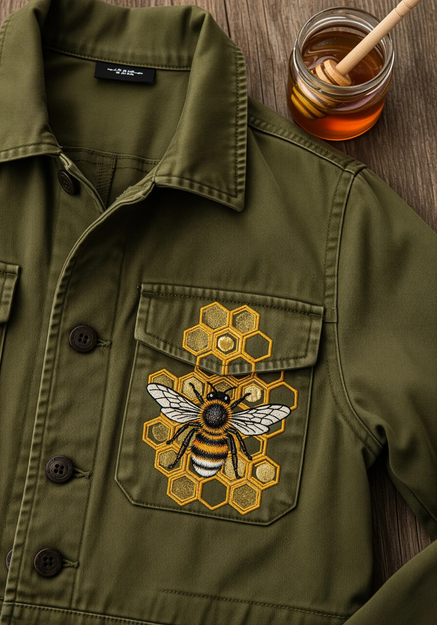 A realistic bee embroidered over a geometric gold honeycomb pattern on a jacket pocket.
