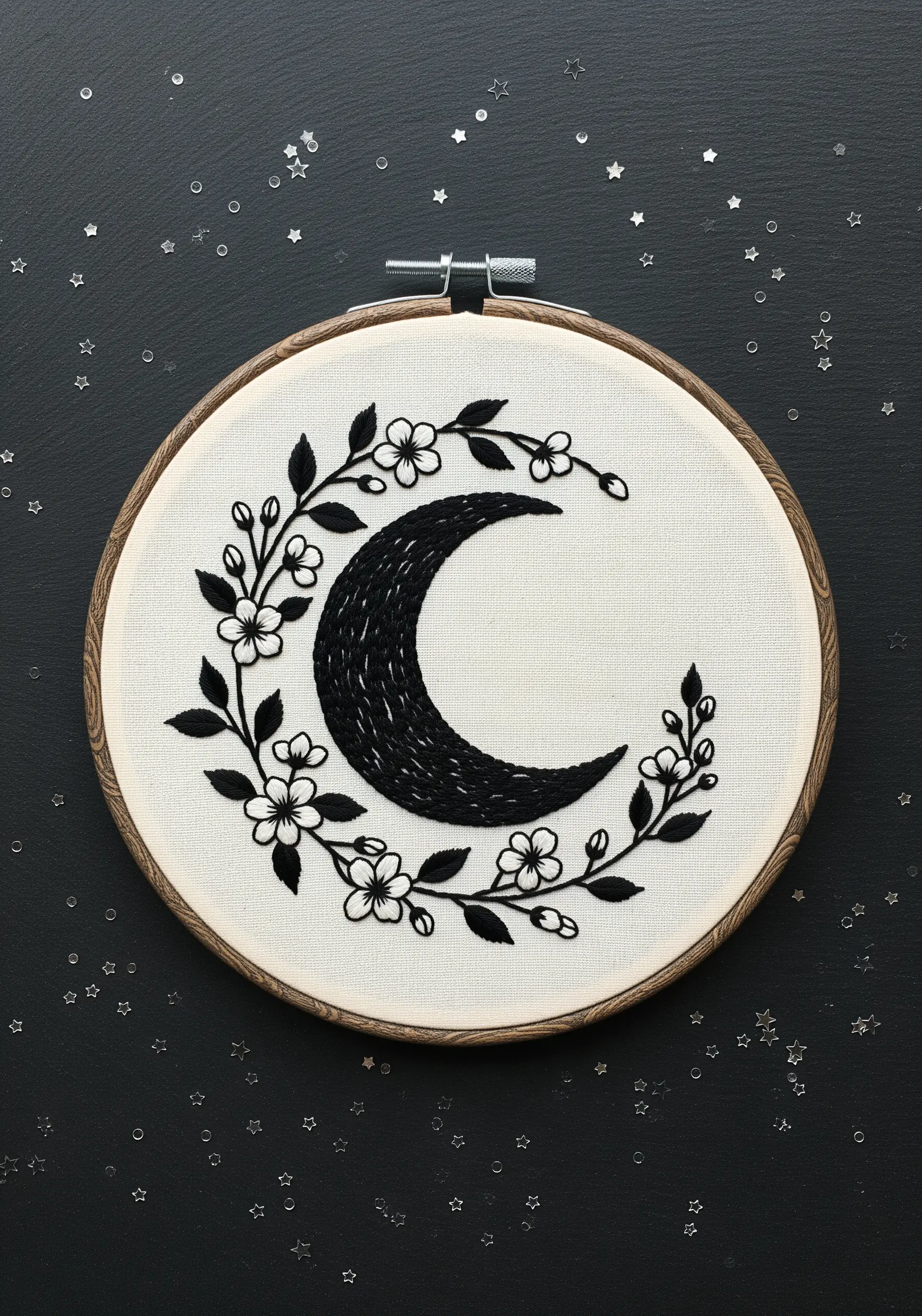 Black filled crescent moon surrounded by a delicate white floral line art wreath.