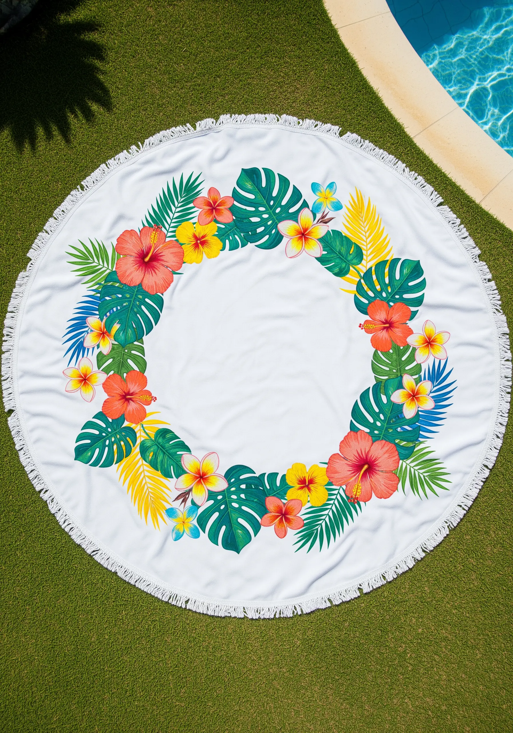A circular wreath of colorful embroidered tropical flowers and leaves on a round white beach towel.