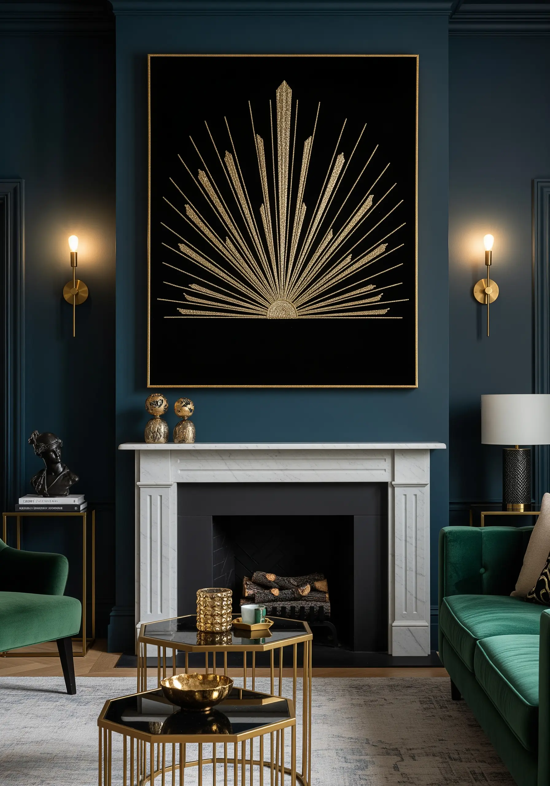 Large-scale Art Deco sunburst embroidered in gold metallic thread on black fabric over a fireplace.