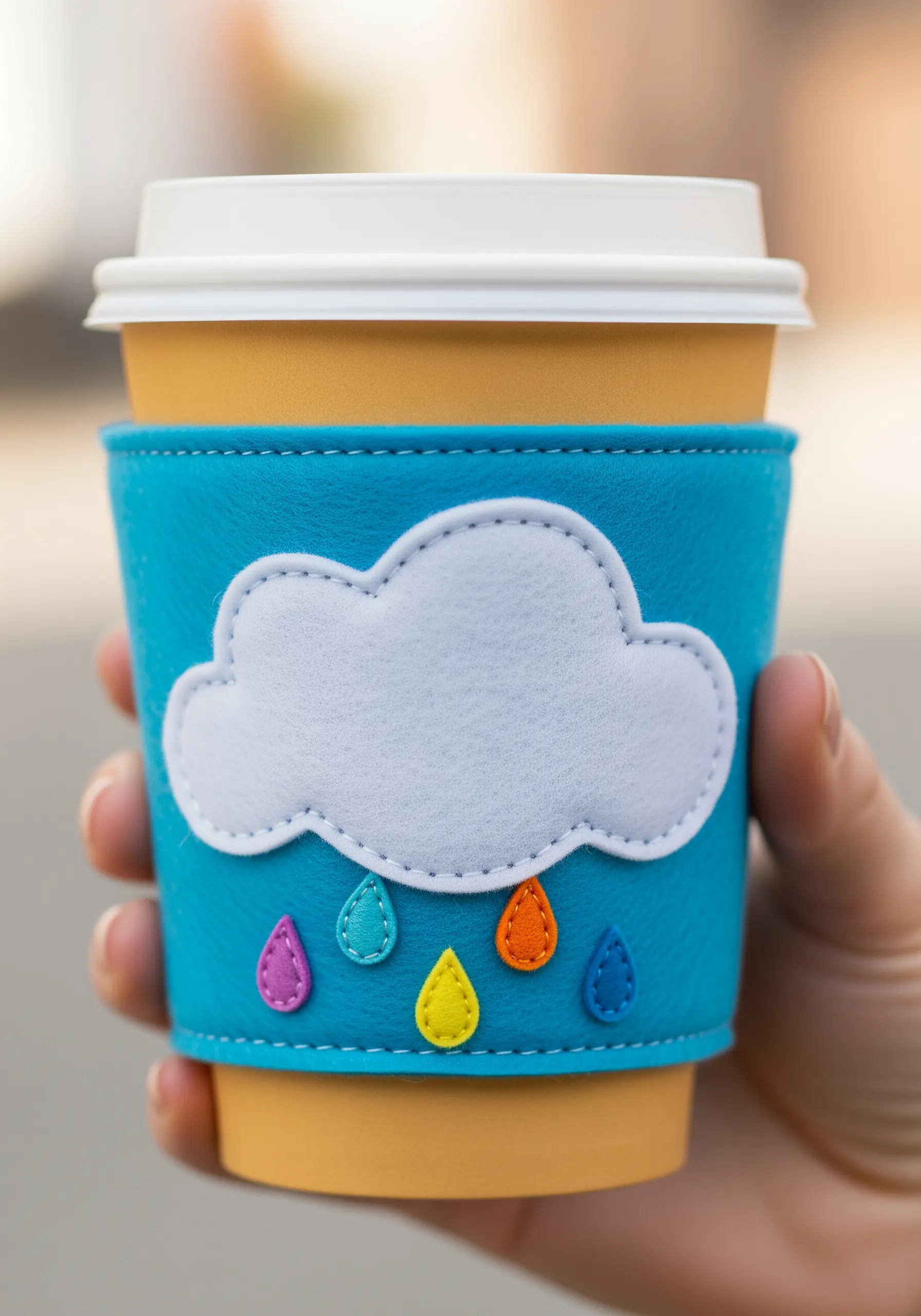 A bright blue felt coffee sleeve decorated with a white cloud and colorful raindrop appliqués.