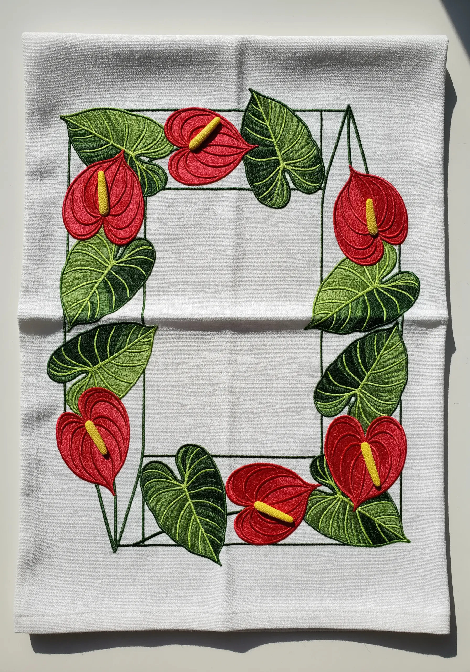 Anthurium flowers and leaves framed by a modern, geometric stitched line on a white napkin.