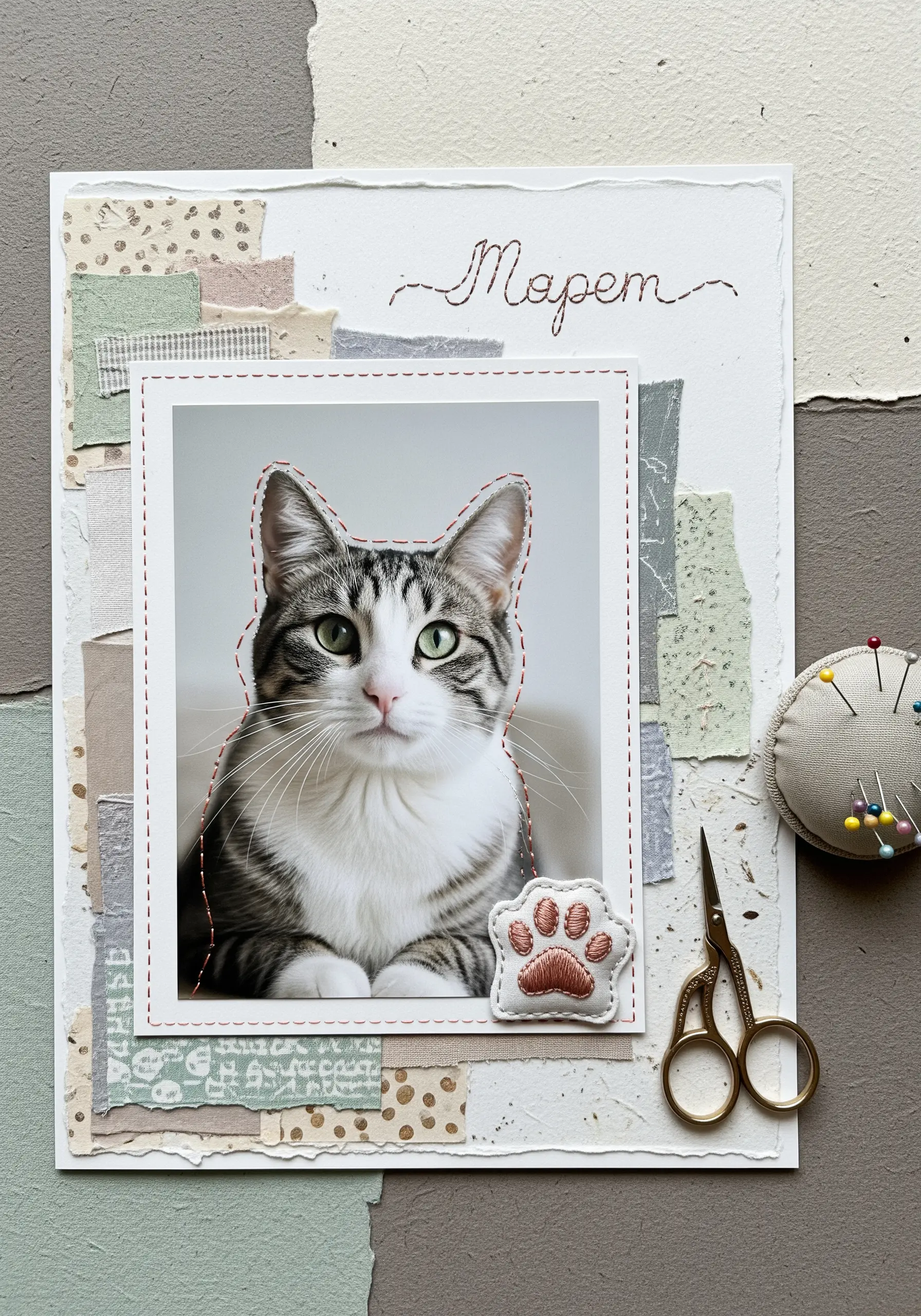 A photo of a cat framed by fabric scraps and a simple red running stitch outline.