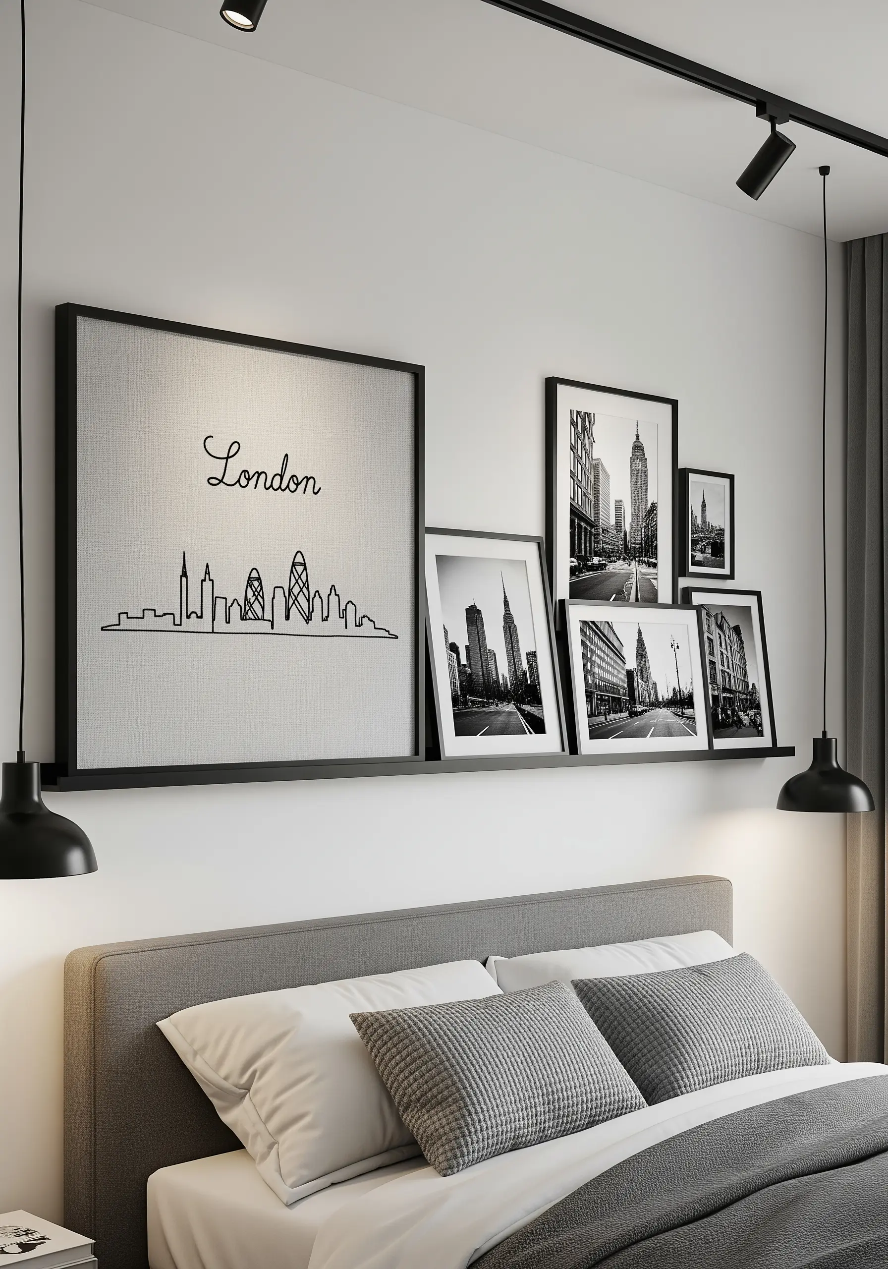 A minimalist London skyline embroidered on grey linen, stretched in a large square black frame.