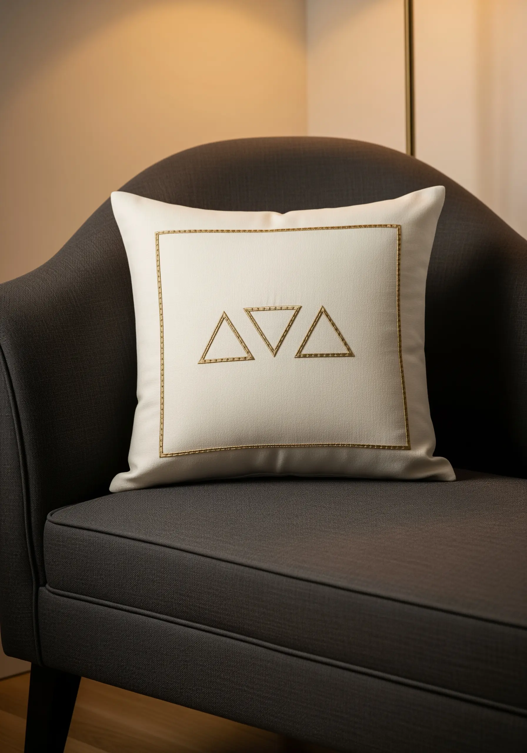 Three gold triangles outlined in a raised stitch, enclosed by a matching border on a white pillow.