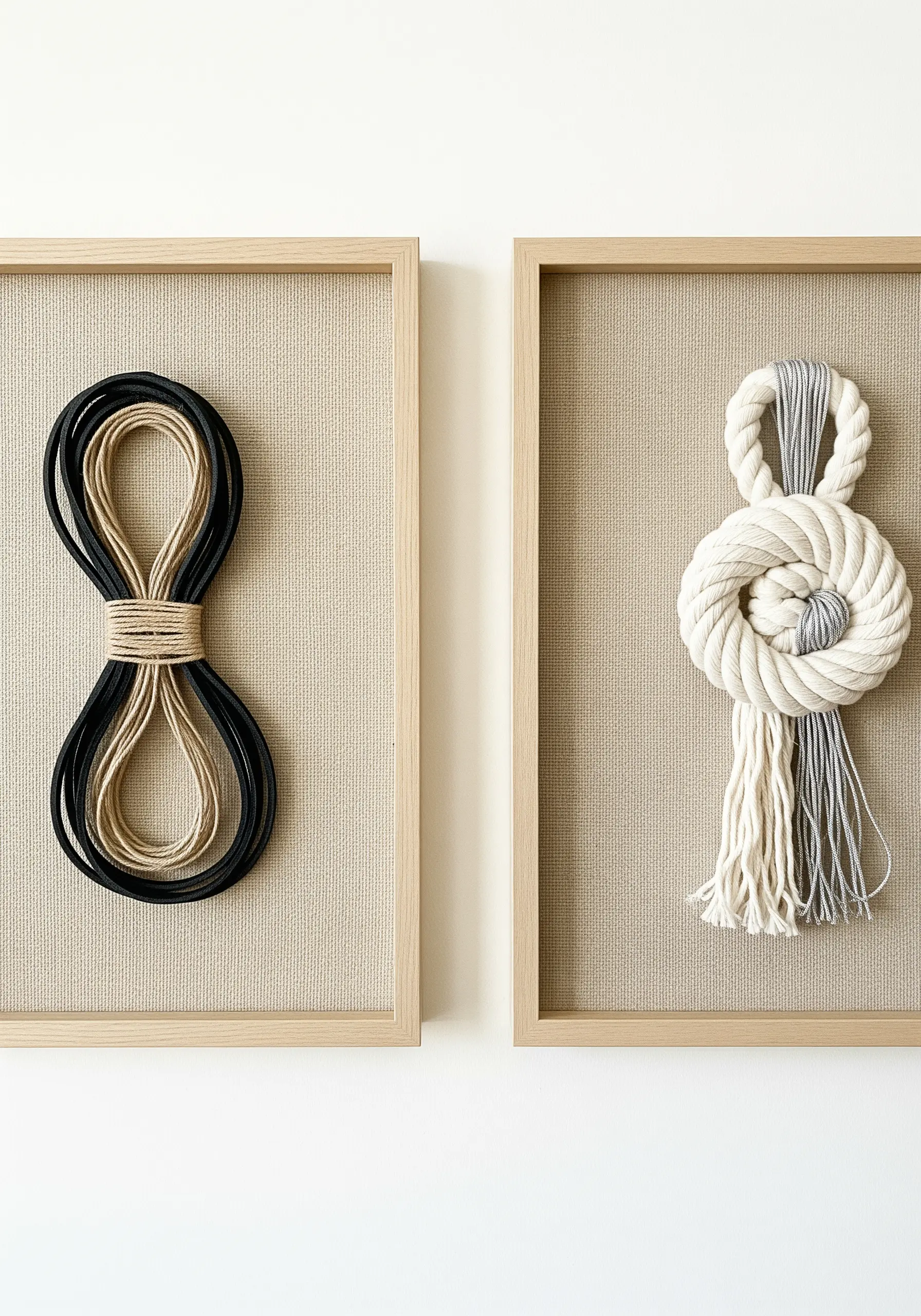 Framed rope art featuring a simple knot and a coiled cord on linen backing.