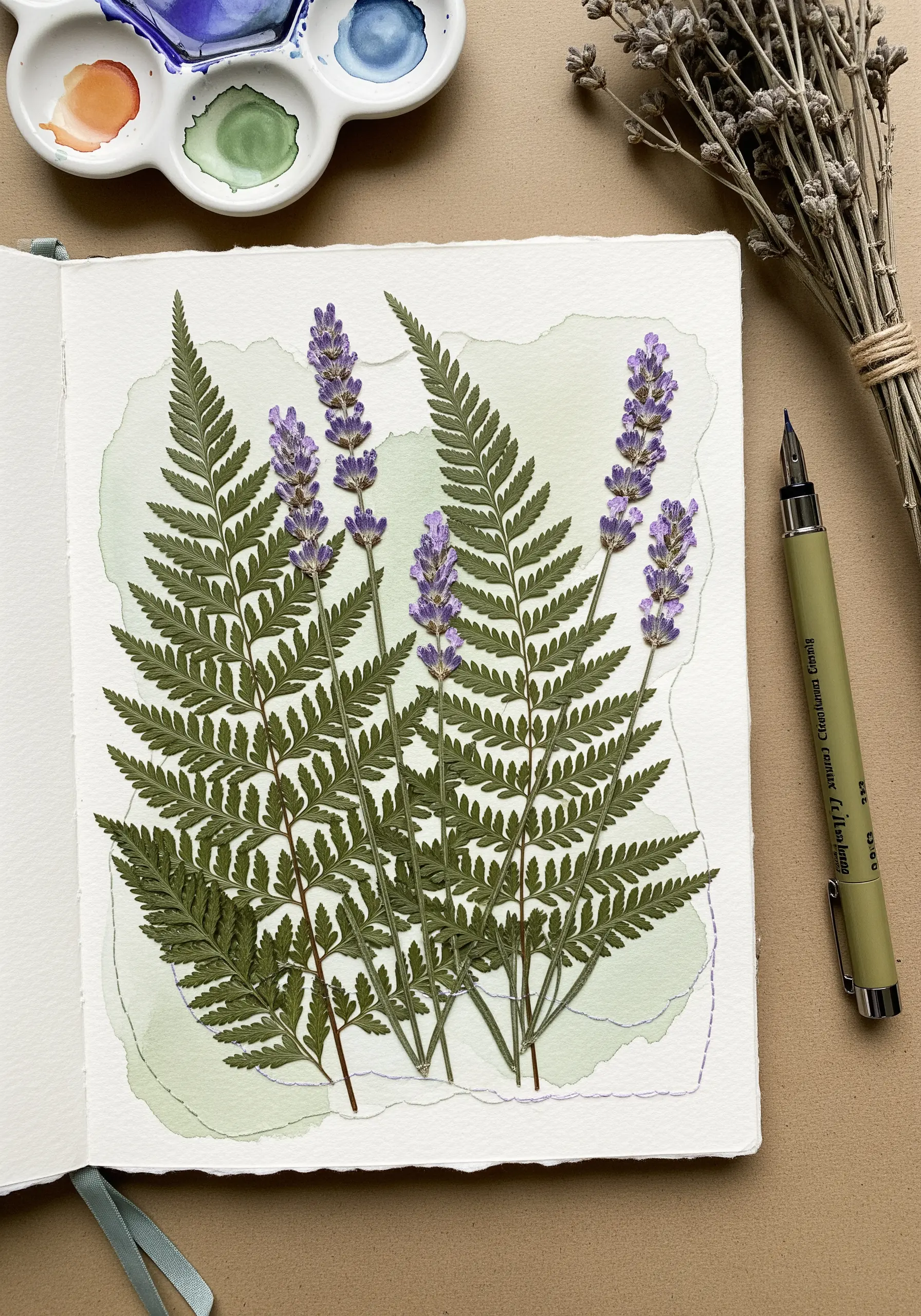 Pressed lavender and ferns on watercolor paper with delicate, barely-there purple stitches.